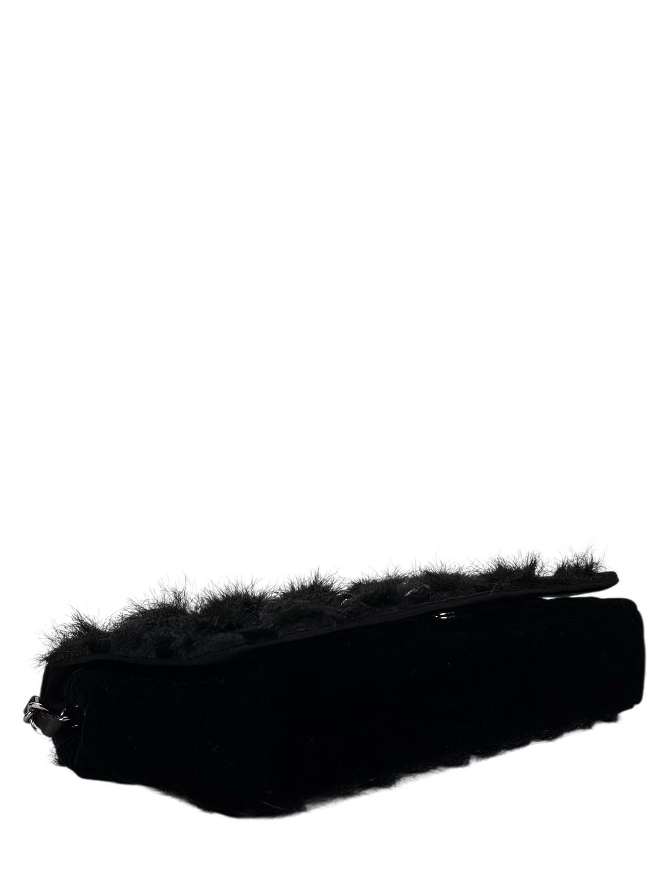 CHANEL - Coco Mark Black Fur & Vevlet Chain Shoulder Bag Sliver Hardware
