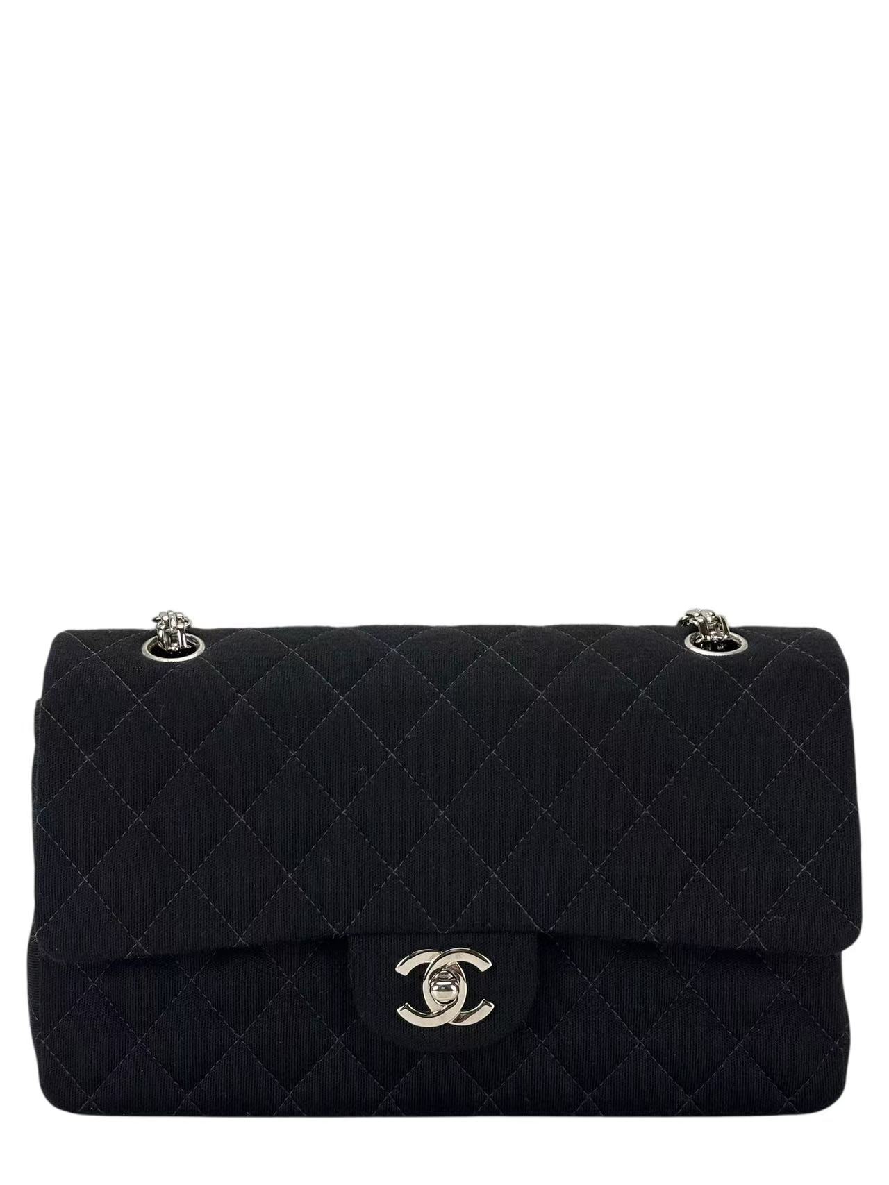 CHANEL - Medium Classic Double Flap Bag Black Cotton Palladium Hardware (CF25)