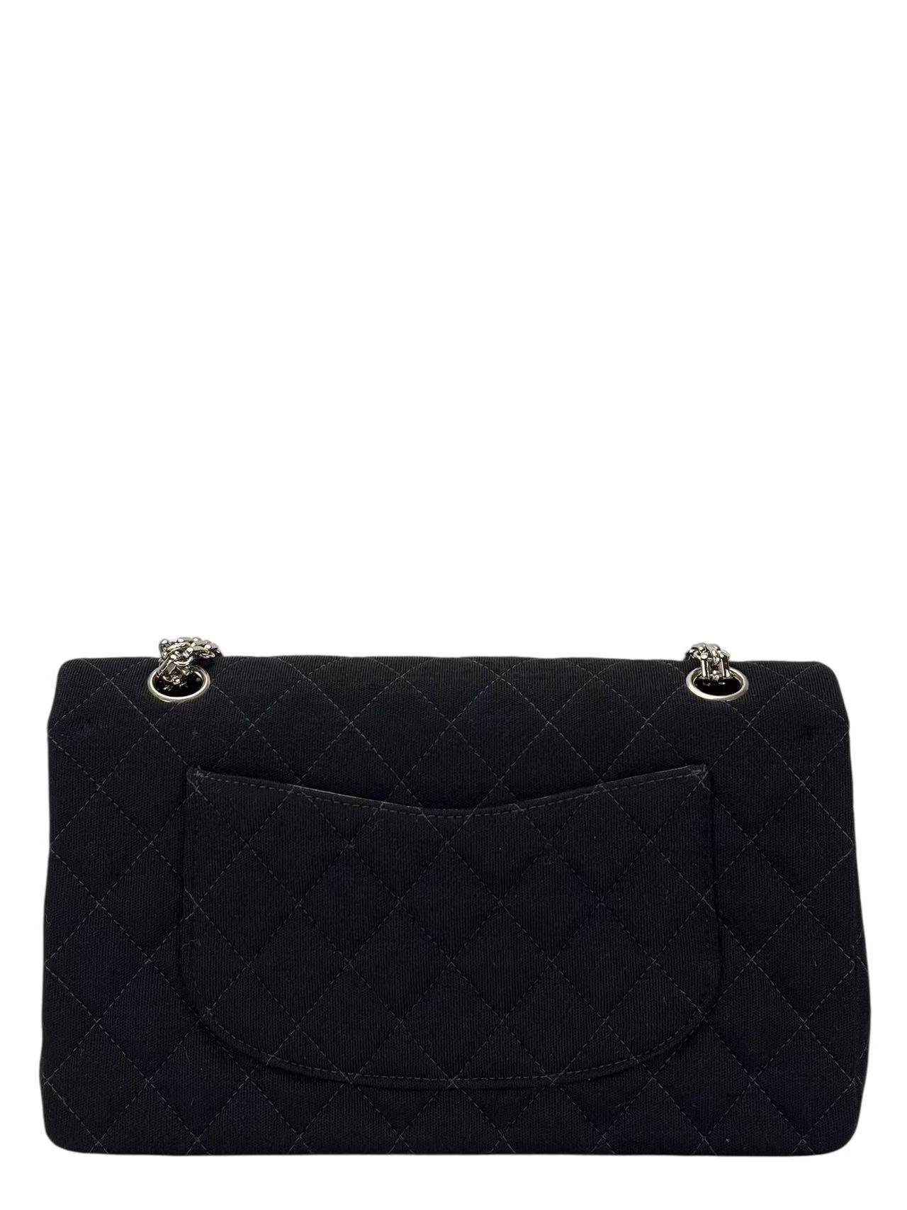 CHANEL - Medium Classic Double Flap Bag Black Cotton Palladium Hardware (CF25)