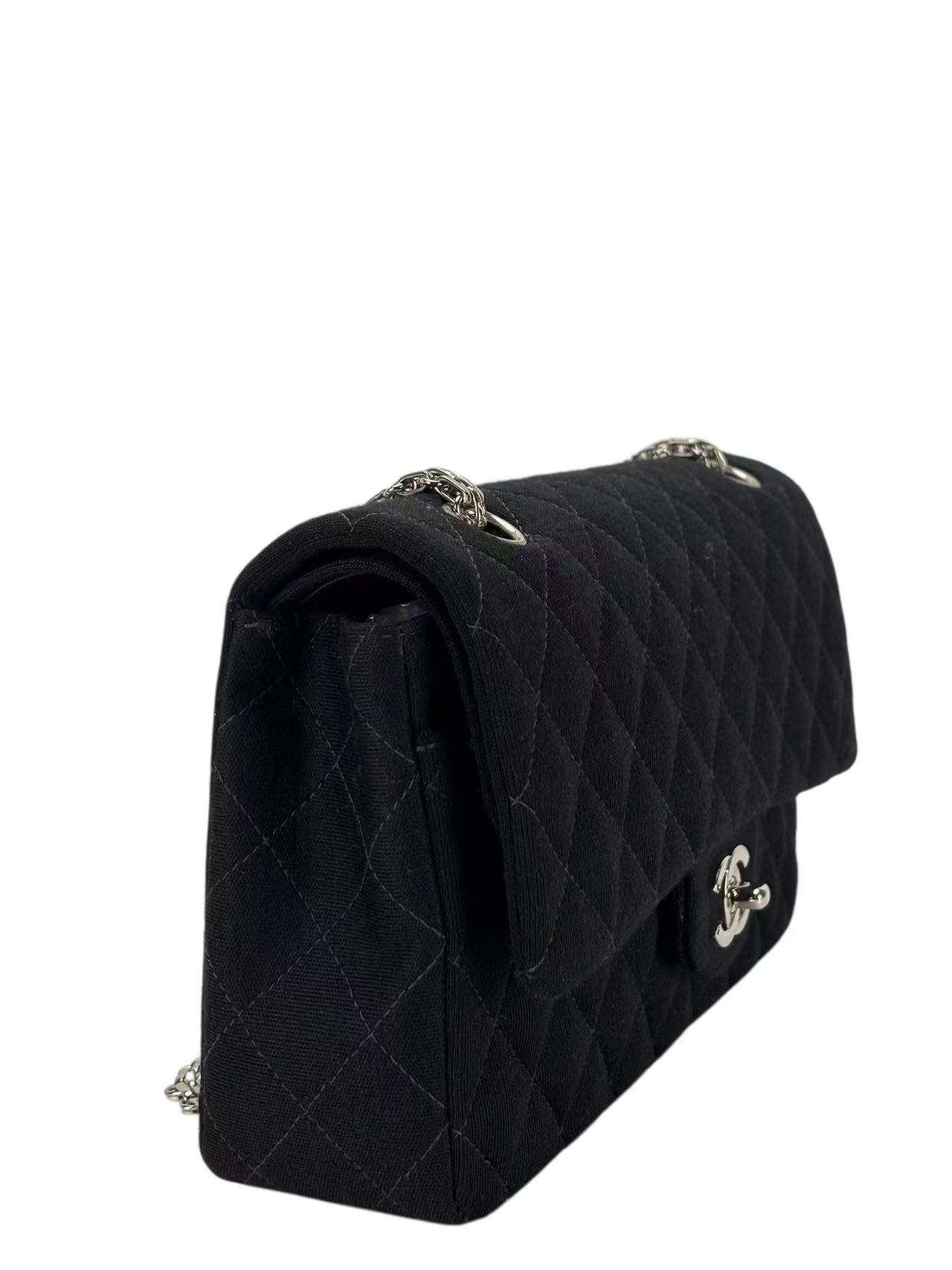 CHANEL - Medium Classic Double Flap Bag Black Cotton Palladium Hardware (CF25)