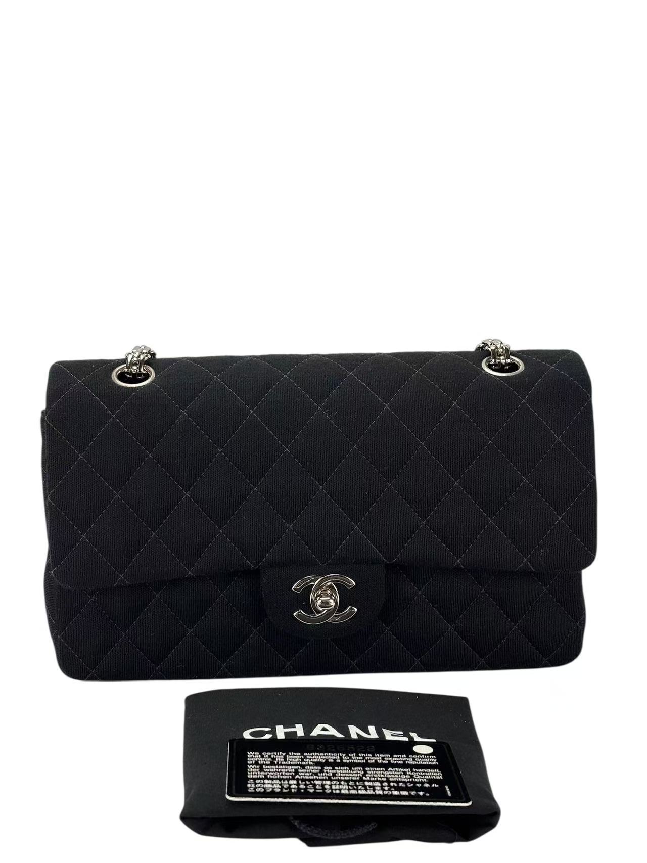 CHANEL - Medium Classic Double Flap Bag Black Cotton Palladium