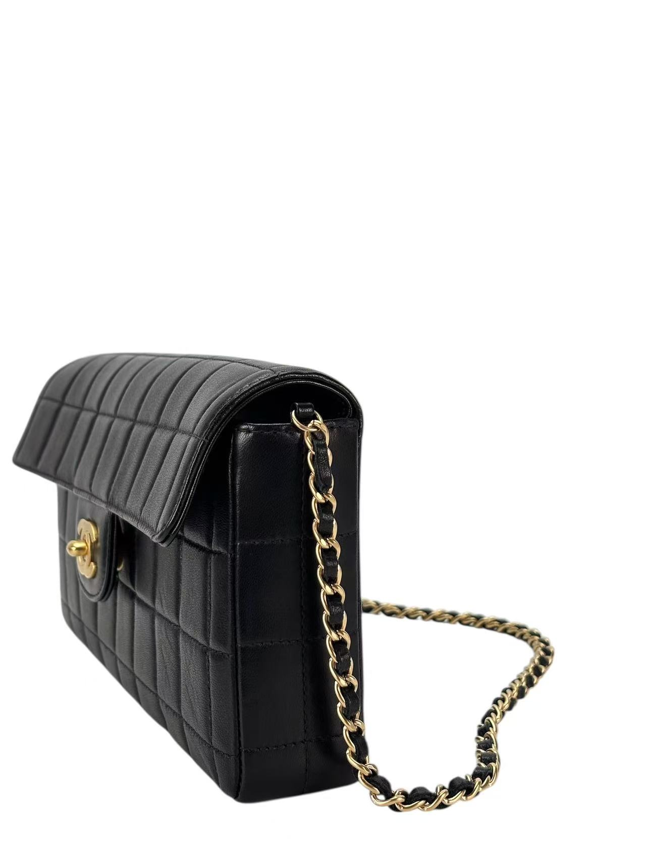 CHANEL - Black Lambskin East West Chocolate Bar Flap Hardware Bag