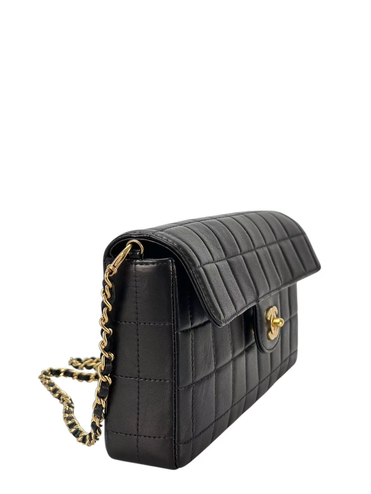 CHANEL - Black Lambskin East West Chocolate Bar Flap Hardware Bag