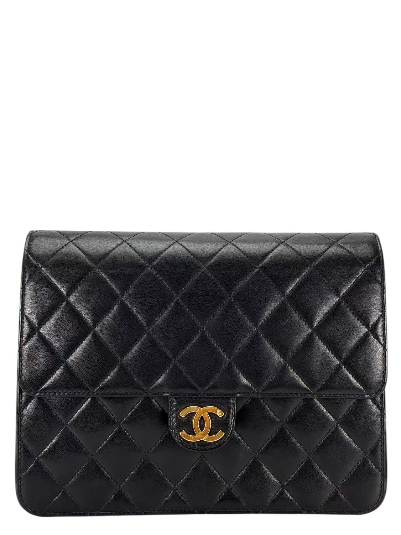CHANEL - Black Lambskin CC Logo Push Lock Small Half Flap Shoulder Bag