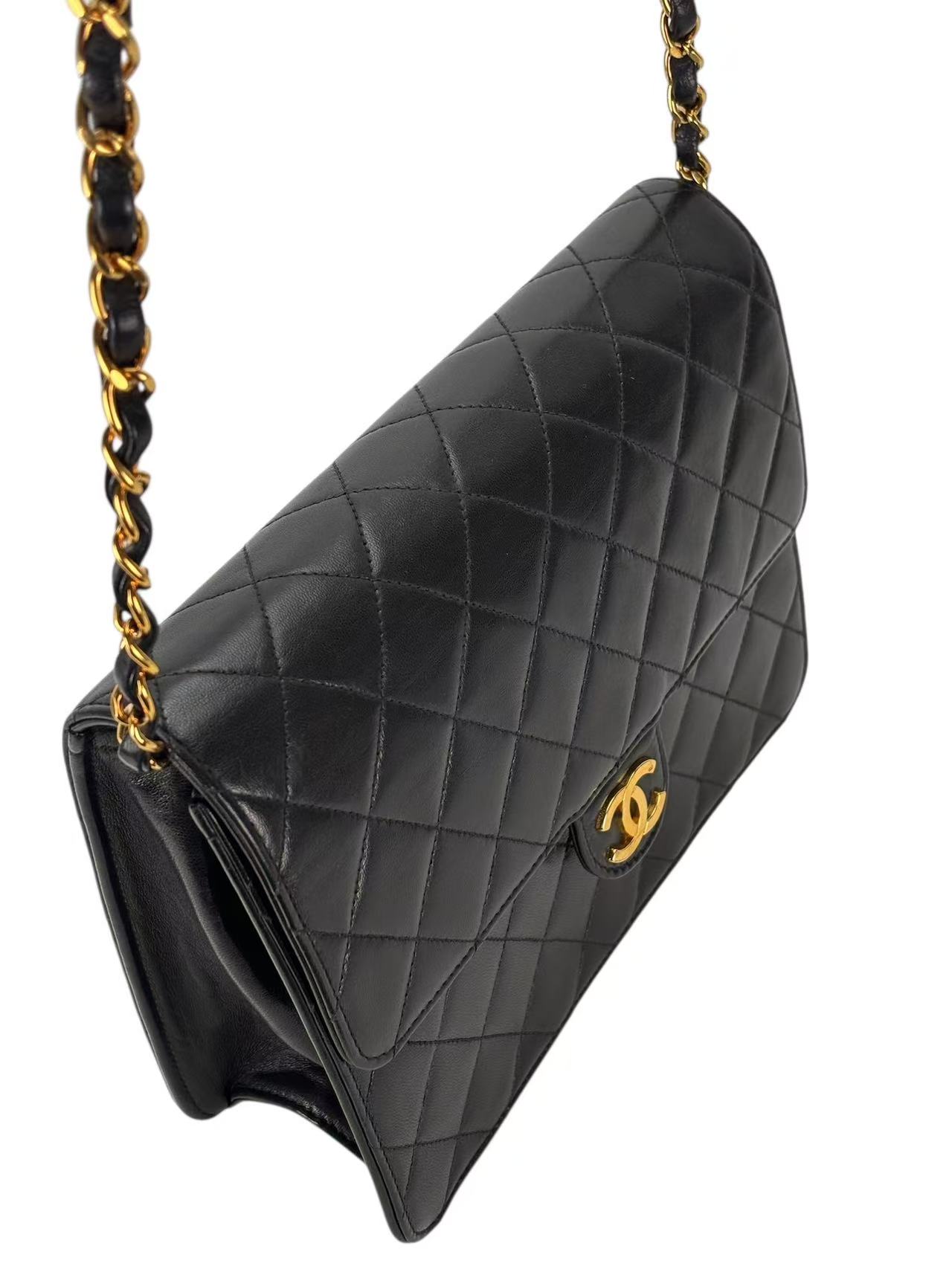 CHANEL - Black Lambskin CC Logo Push Lock Small Half Flap Shoulder Bag