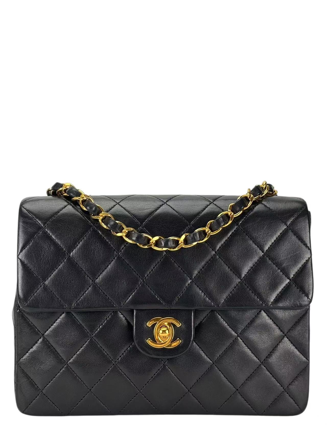 CHANEL - Black Lambskin Mini Classic Square Flap Shoulder Bag 20