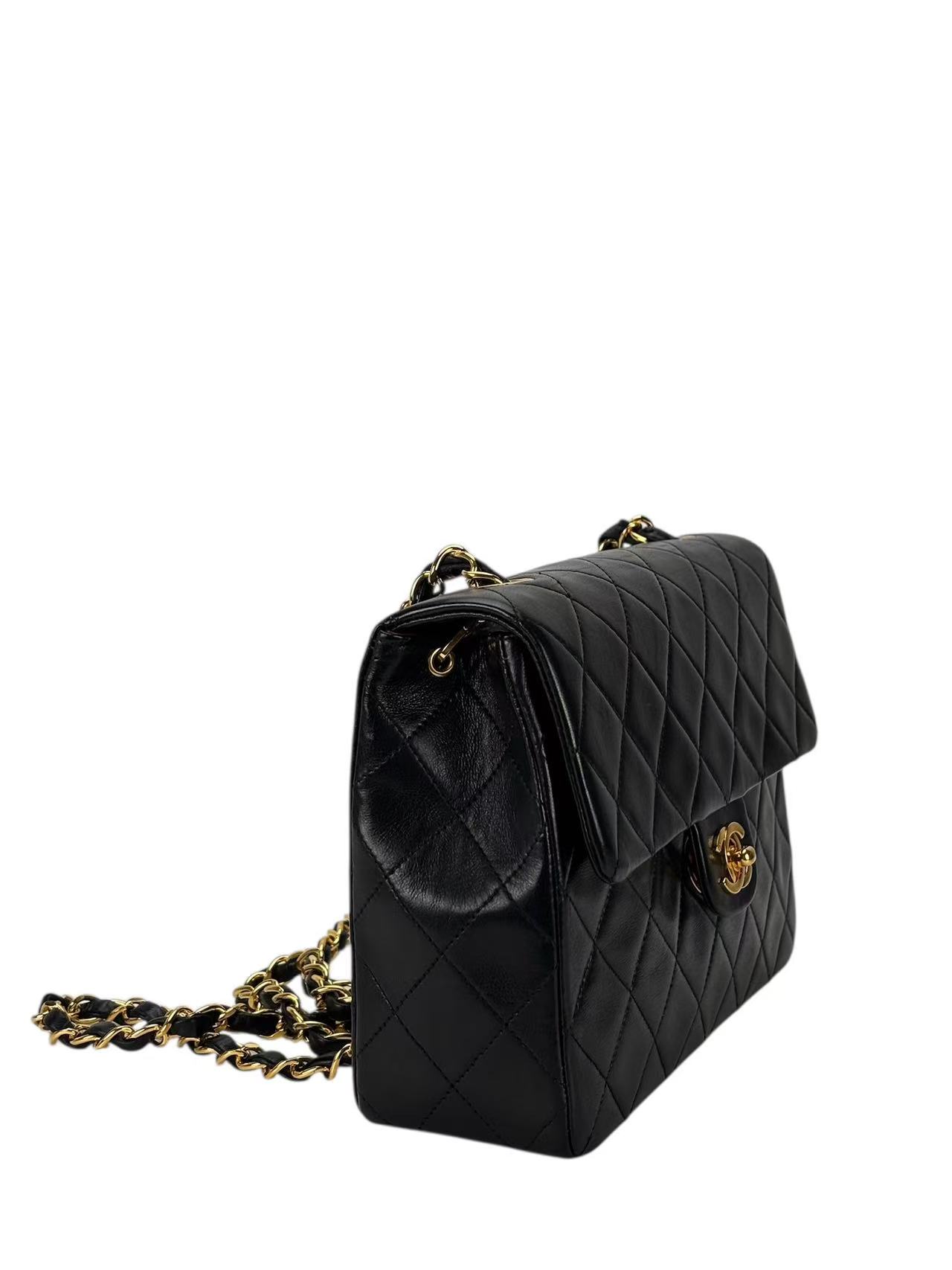 CHANEL - Black Lambskin Mini Classic Square Flap Shoulder Bag 20