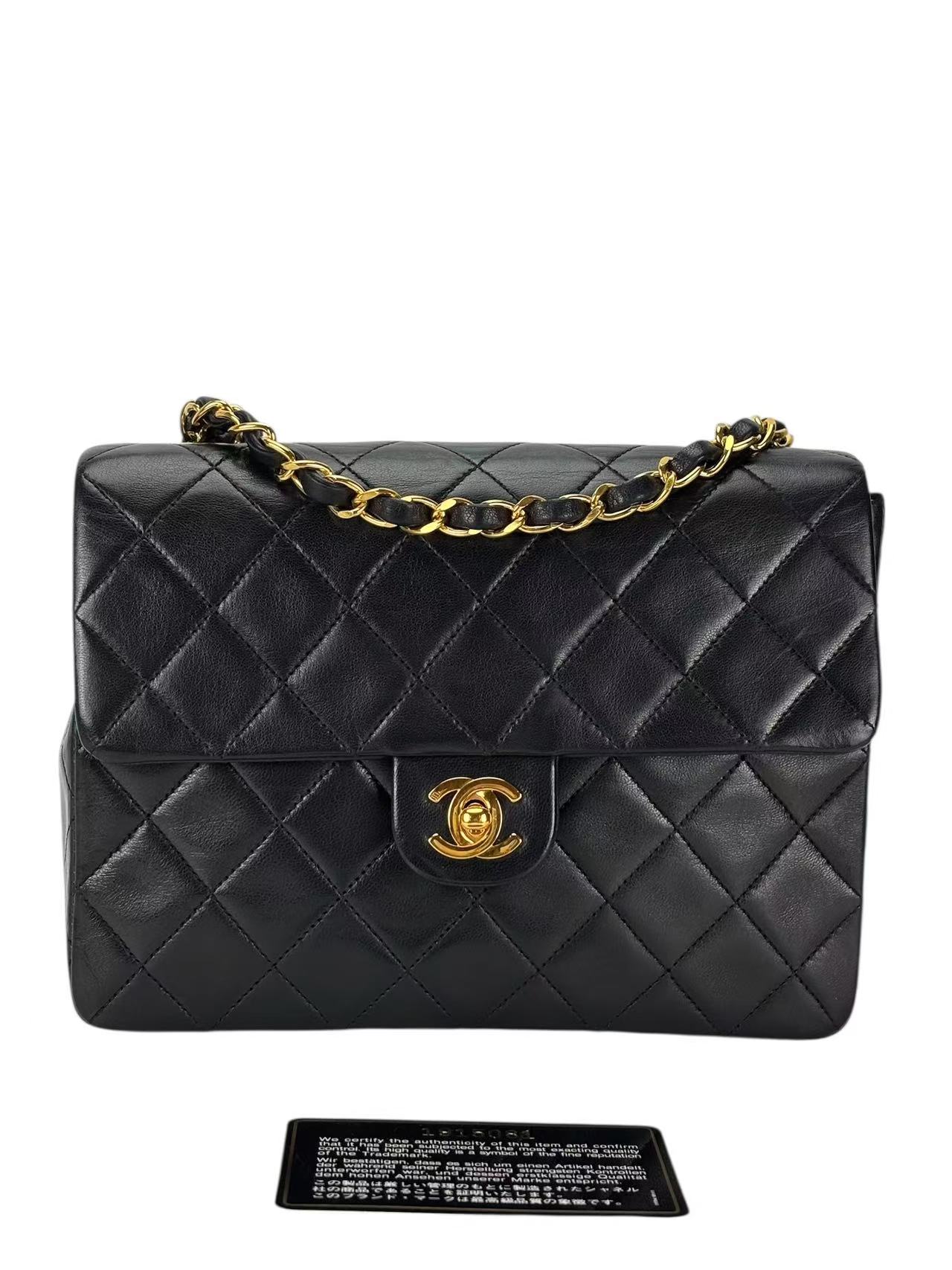 CHANEL - Black Lambskin Mini Classic Square Flap Shoulder Bag 20