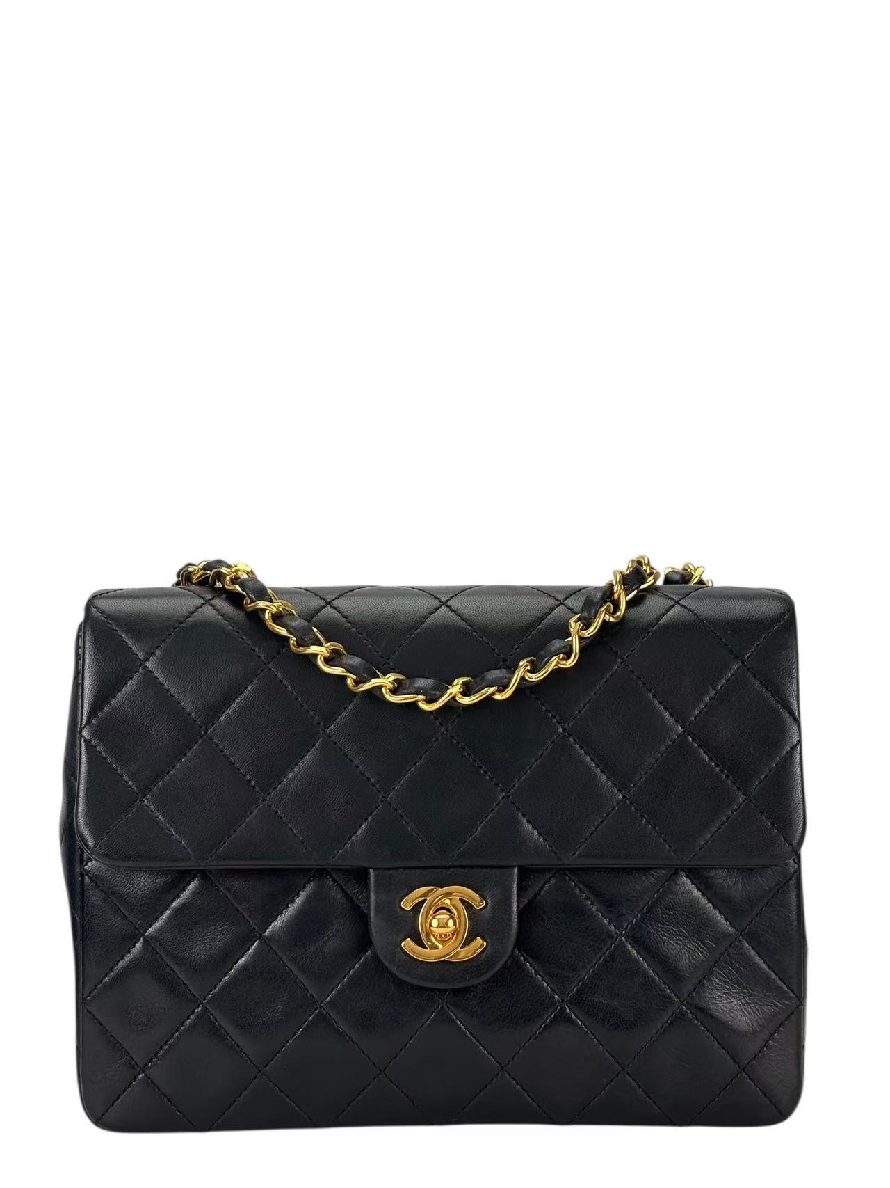 CHANEL - Black Lambskin Mini Classic Square Flap Shoulder Bag 20
