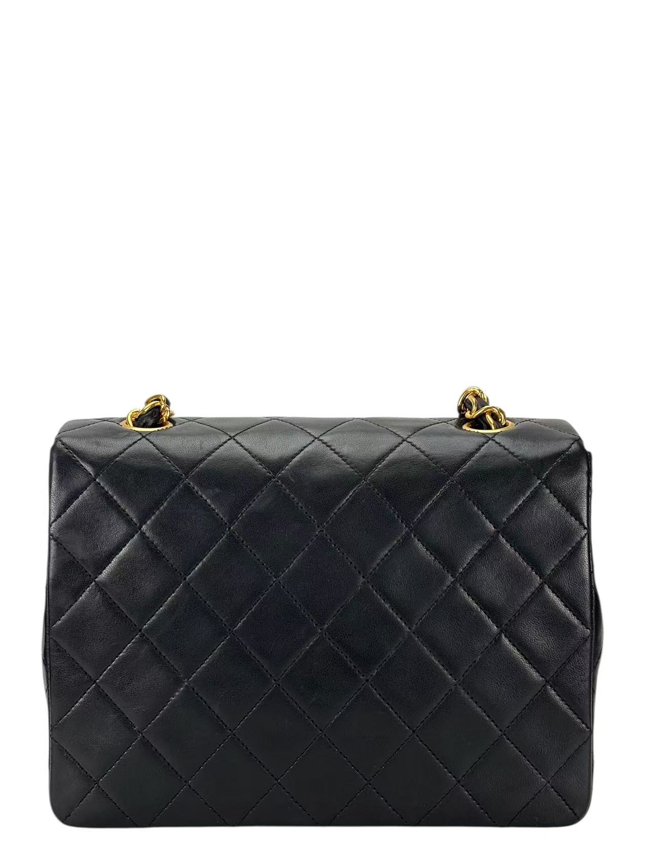 CHANEL - Black Lambskin Mini Classic Square Flap Shoulder Bag 20