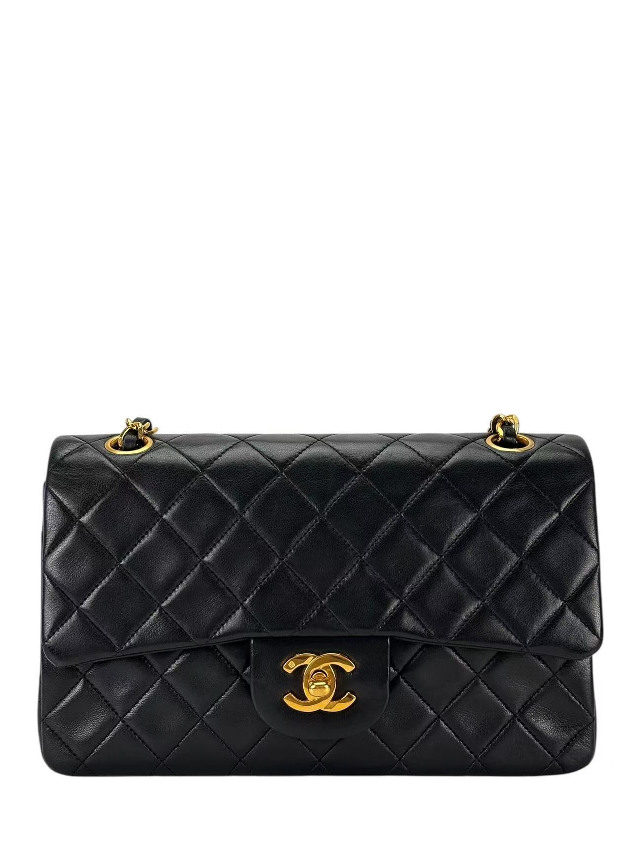 CHANEL - Small Classic Double Flap Bag Black Lambskin Gold Hardware (CF23)