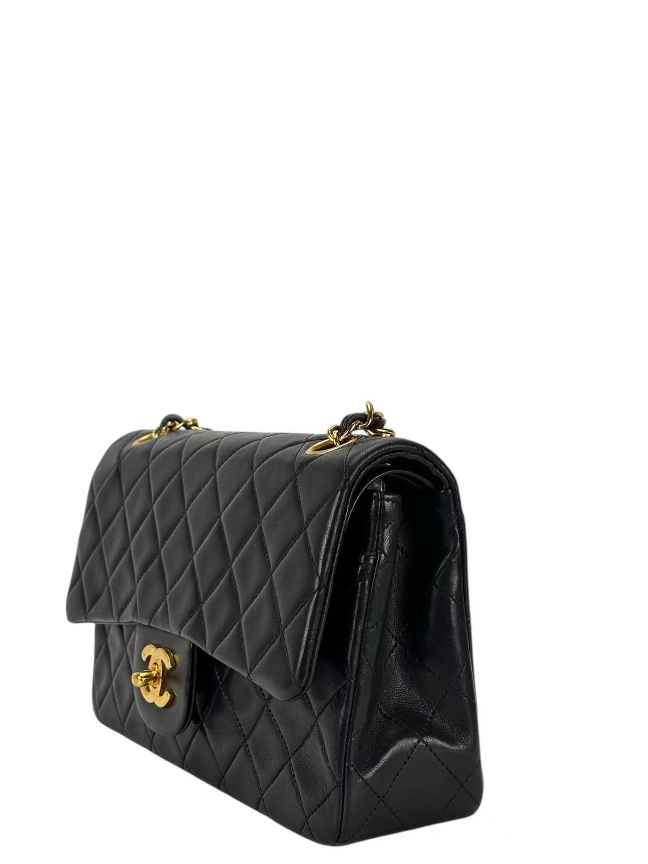 CHANEL - Small Classic Double Flap Bag Black Lambskin Gold Hardware (CF23)