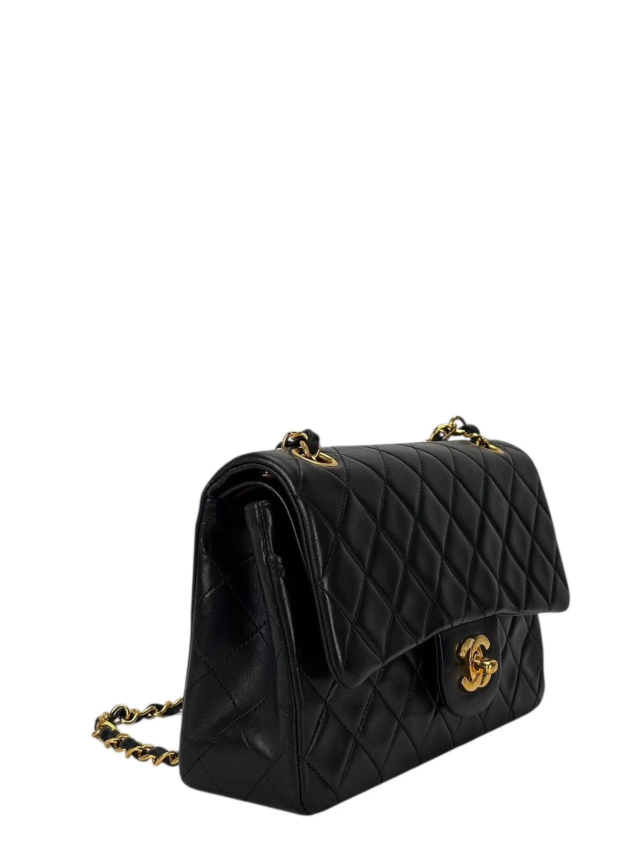 CHANEL - Small Classic Double Flap Bag Black Lambskin Gold Hardware (CF23)