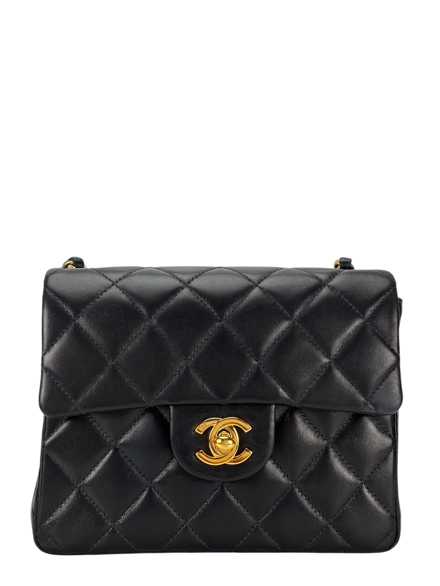 CHANEL - Black Lambskin Mini Classic Square Flap Shoulder Bag 17