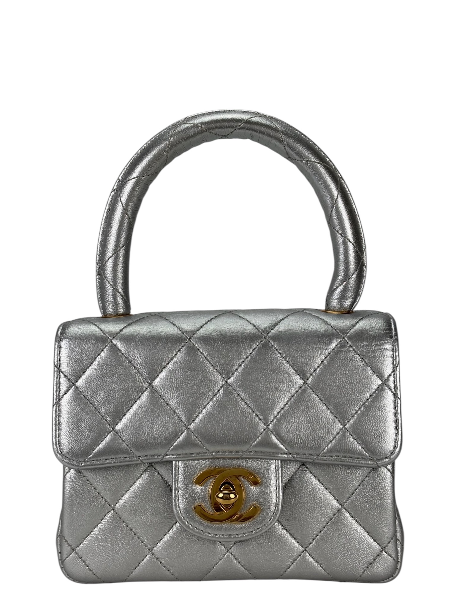 CHANEL - Silver Lambskin CC Top Handle Mini Bag Gold Hardware   