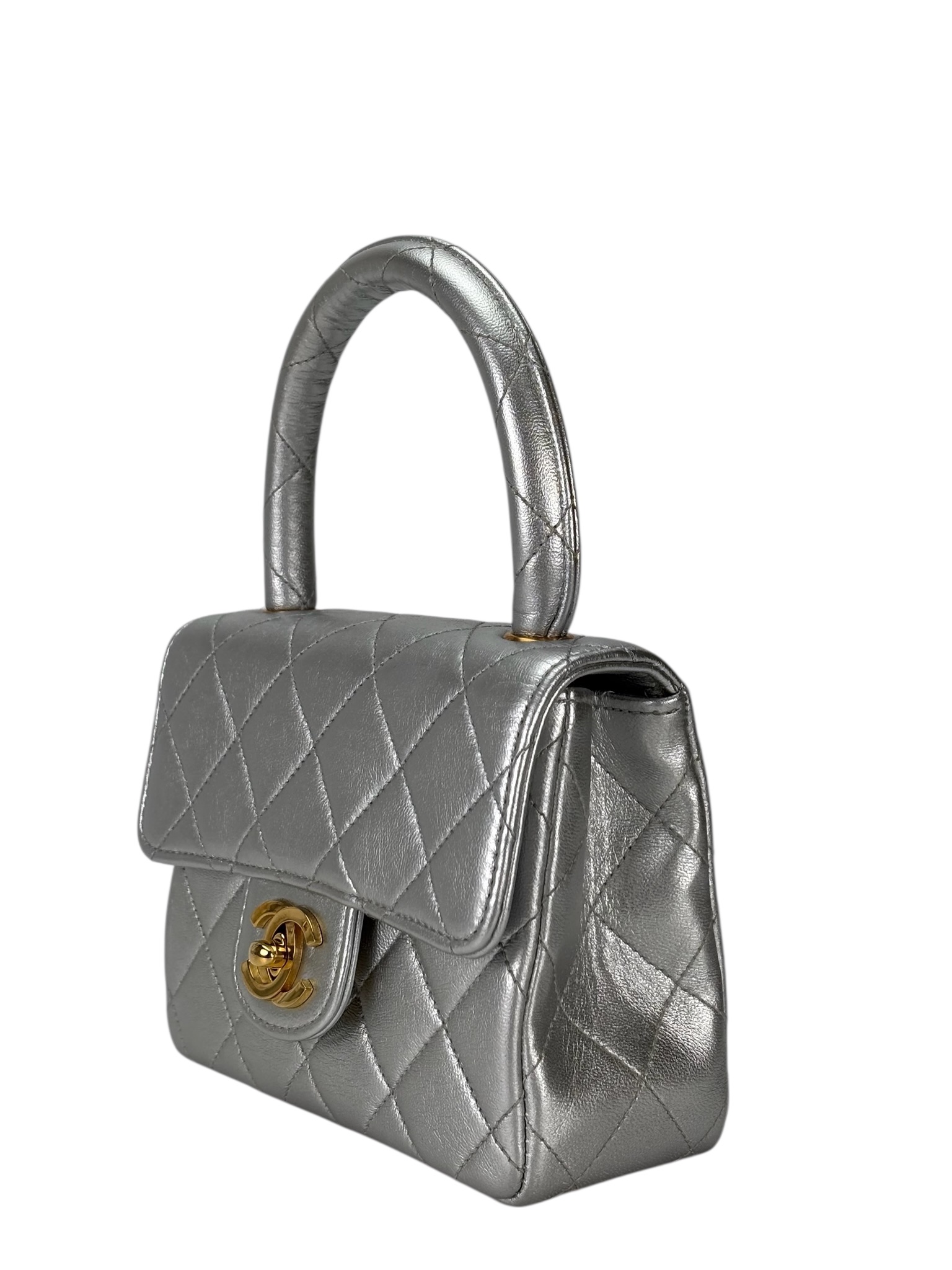 CHANEL - Silver Lambskin CC Top Handle Mini Bag Gold Hardware   