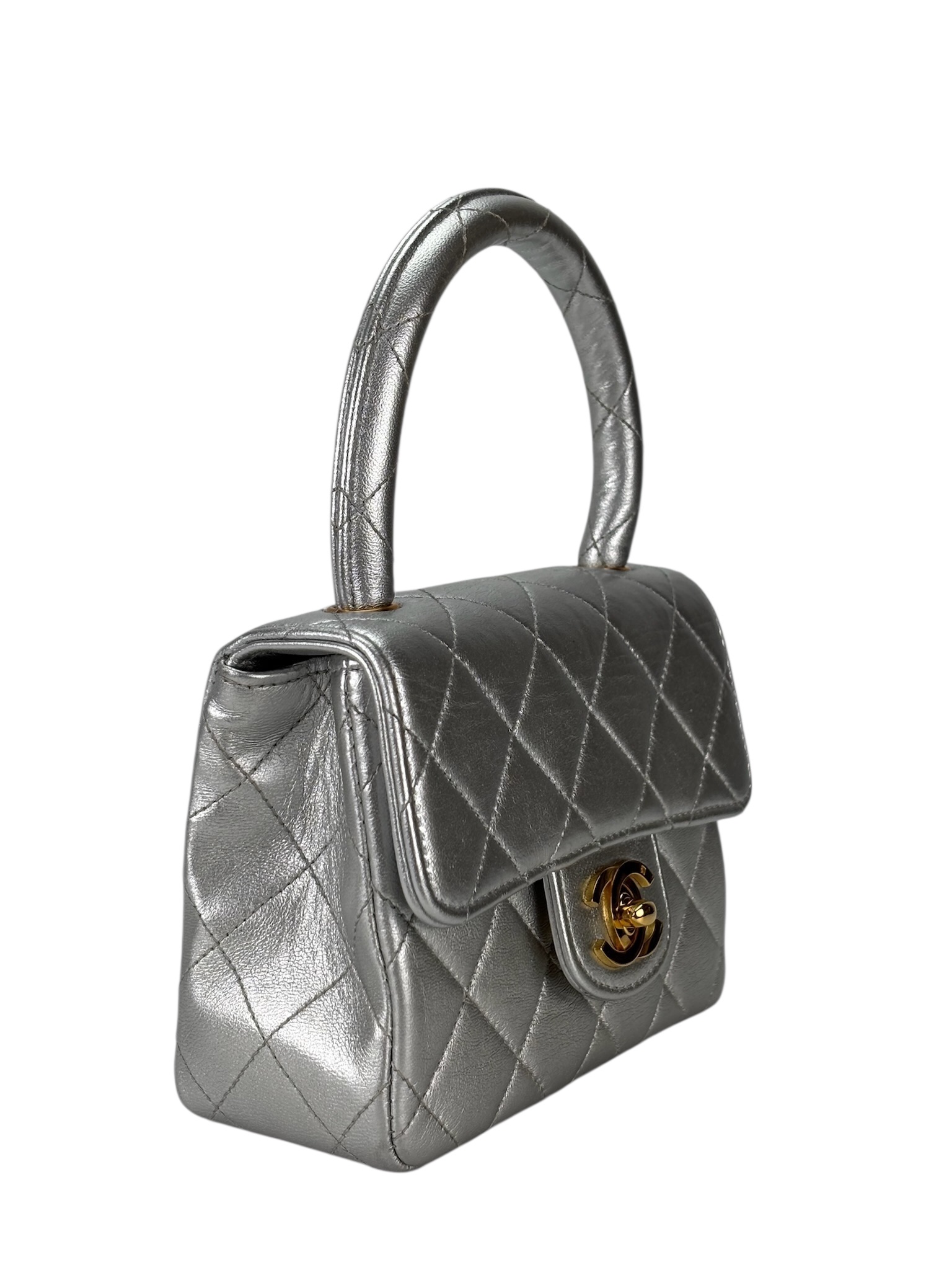CHANEL - Silver Lambskin CC Top Handle Mini Bag Gold Hardware   