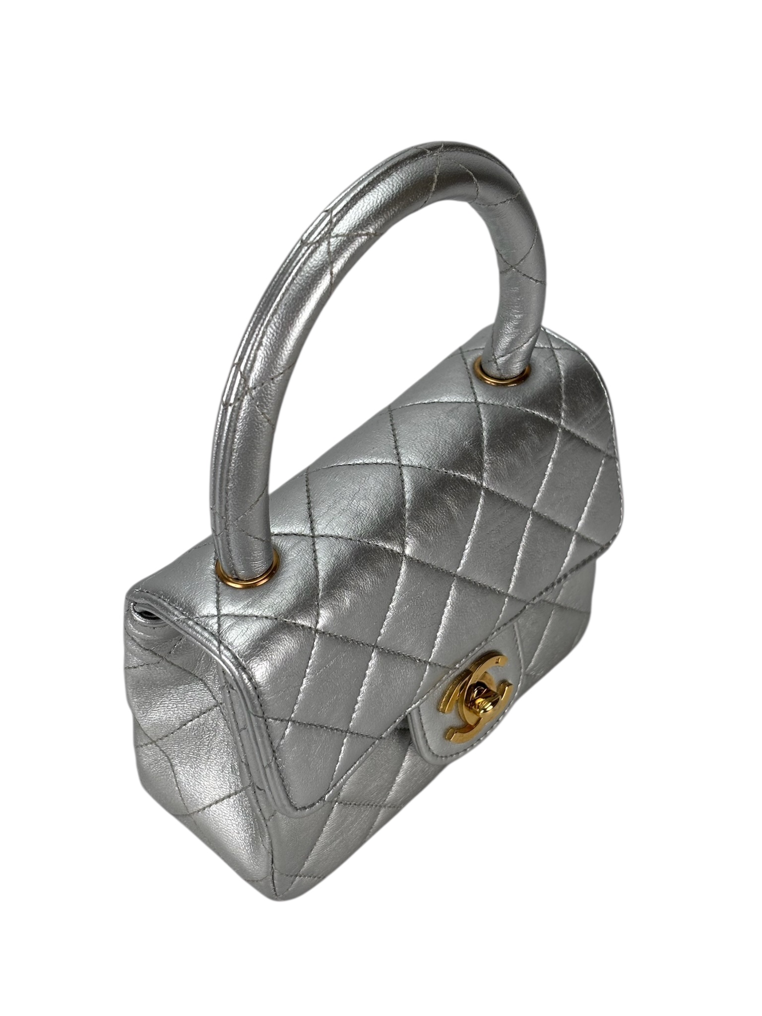 CHANEL - Silver Lambskin CC Top Handle Mini Bag Gold Hardware   