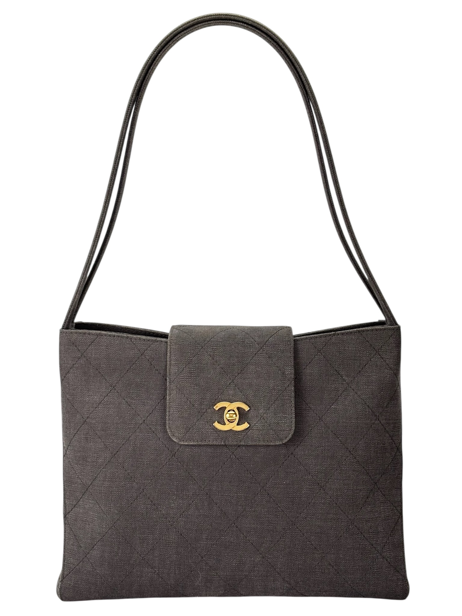 CHANEL - Gray Canvas Matelasse Double Handbag Shoulder Bag