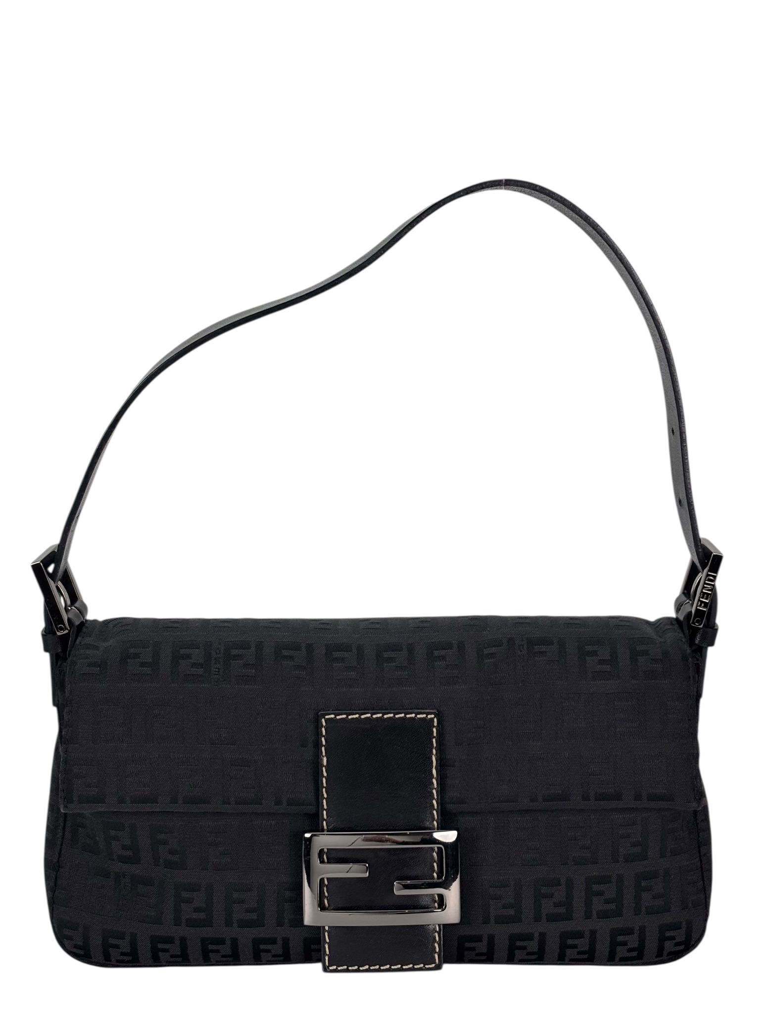 FENDI - Black Canvas Baguette Handbag Silver Hardware