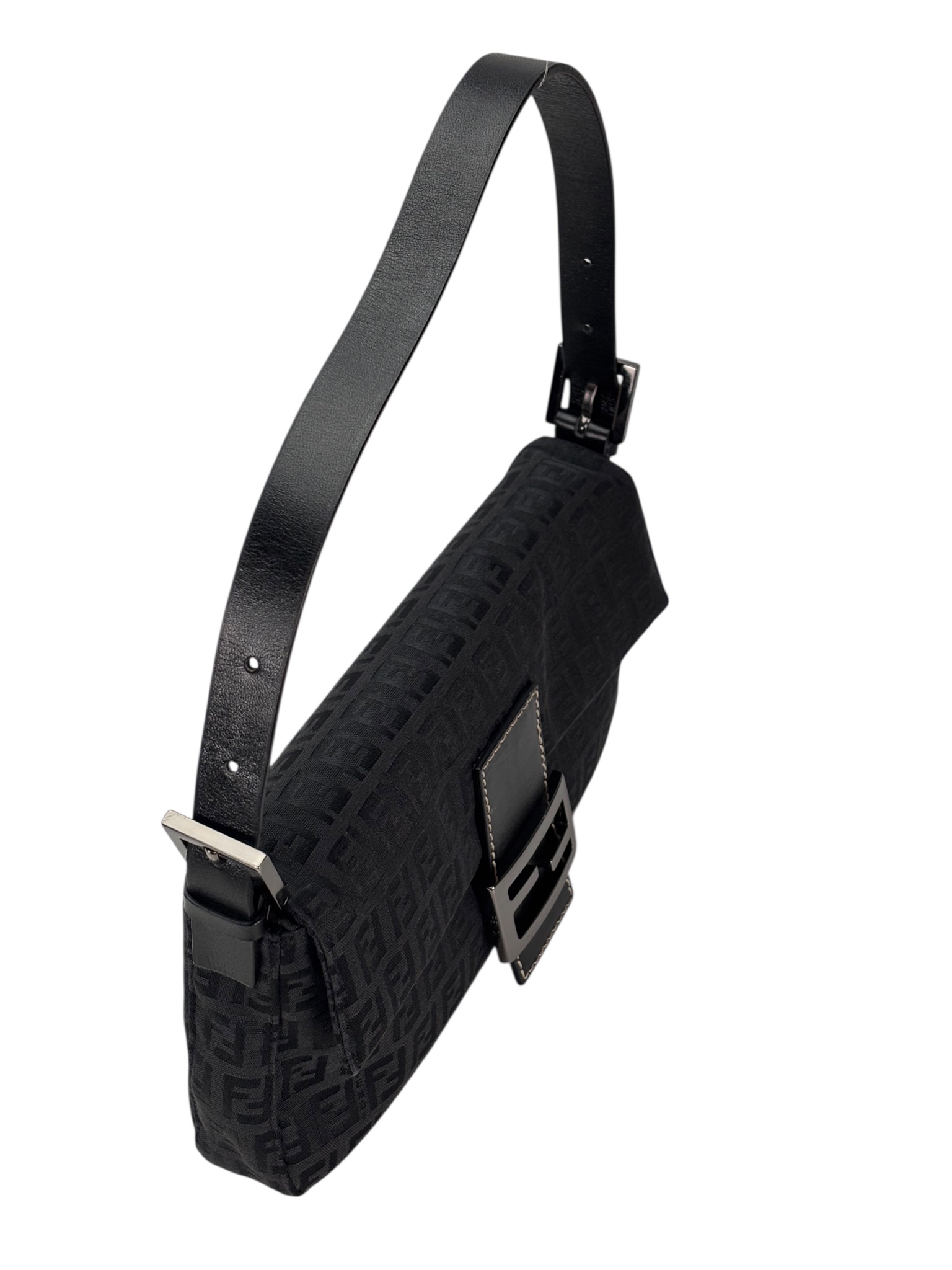 FENDI - Black Canvas Baguette Handbag Silver Hardware