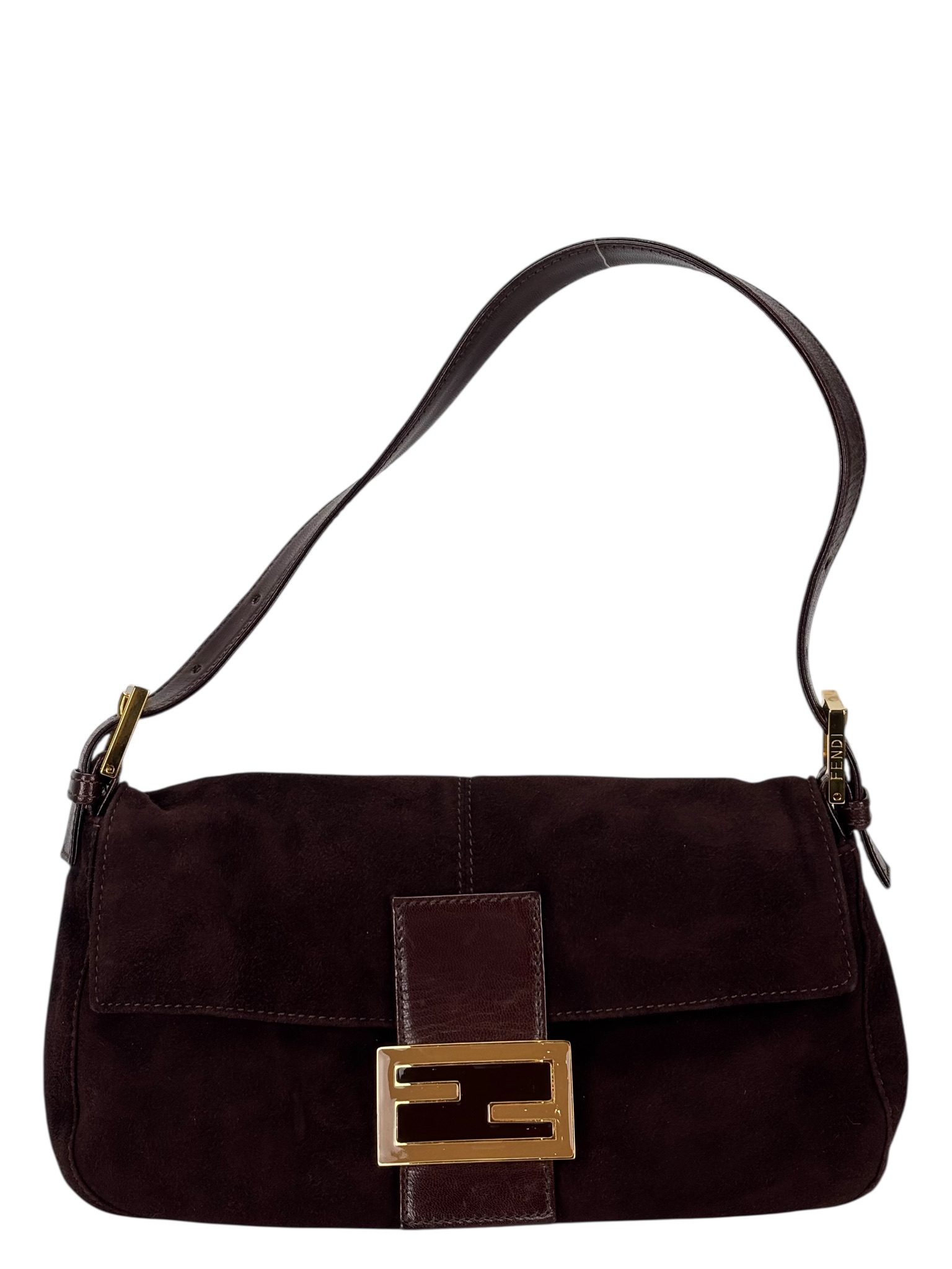 FENDI - Brown Suede Baguette Handbag Gold Hardware