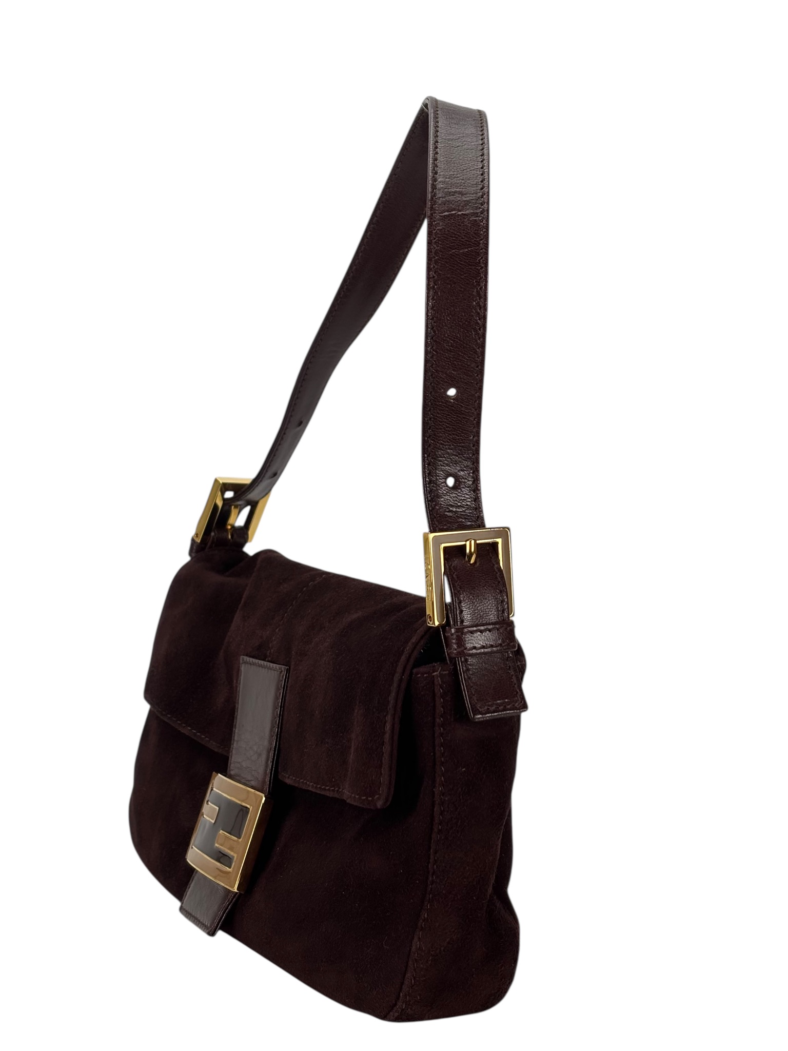 FENDI - Brown Suede Baguette Handbag Gold Hardware