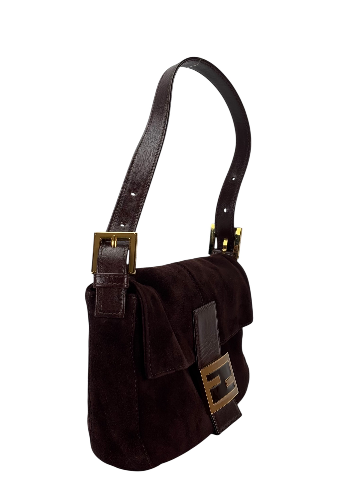 FENDI - Brown Suede Baguette Handbag Gold Hardware