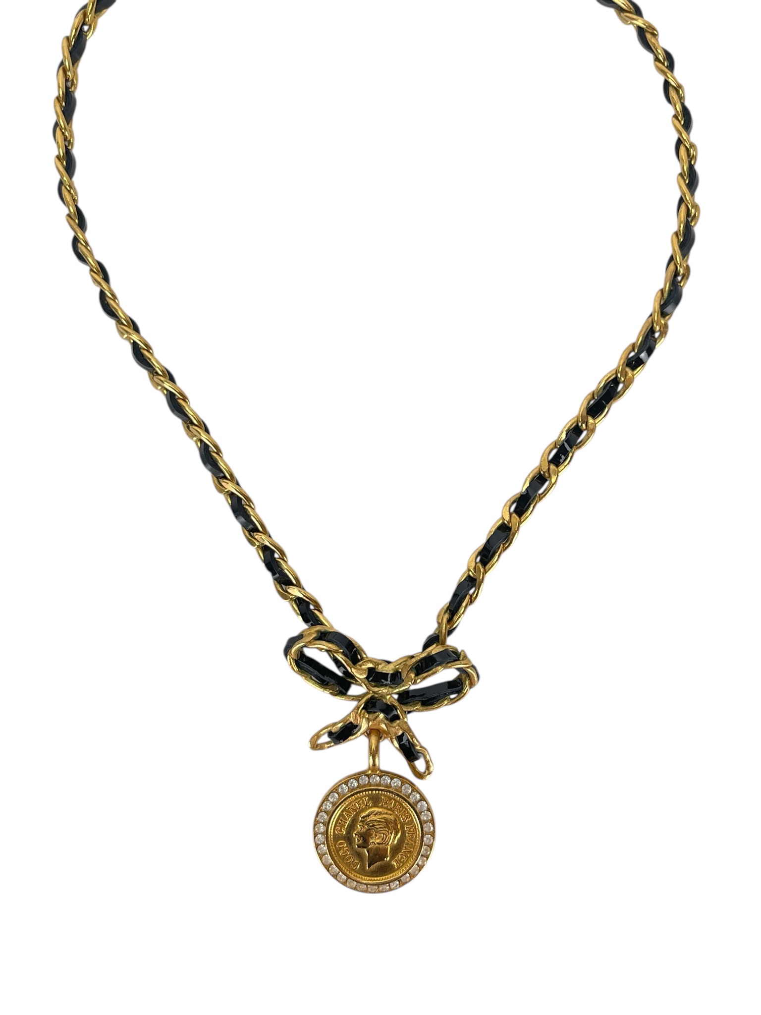 CHANEL - 96P Mrs Coco Gold Coin Ribbon Chain Necklace