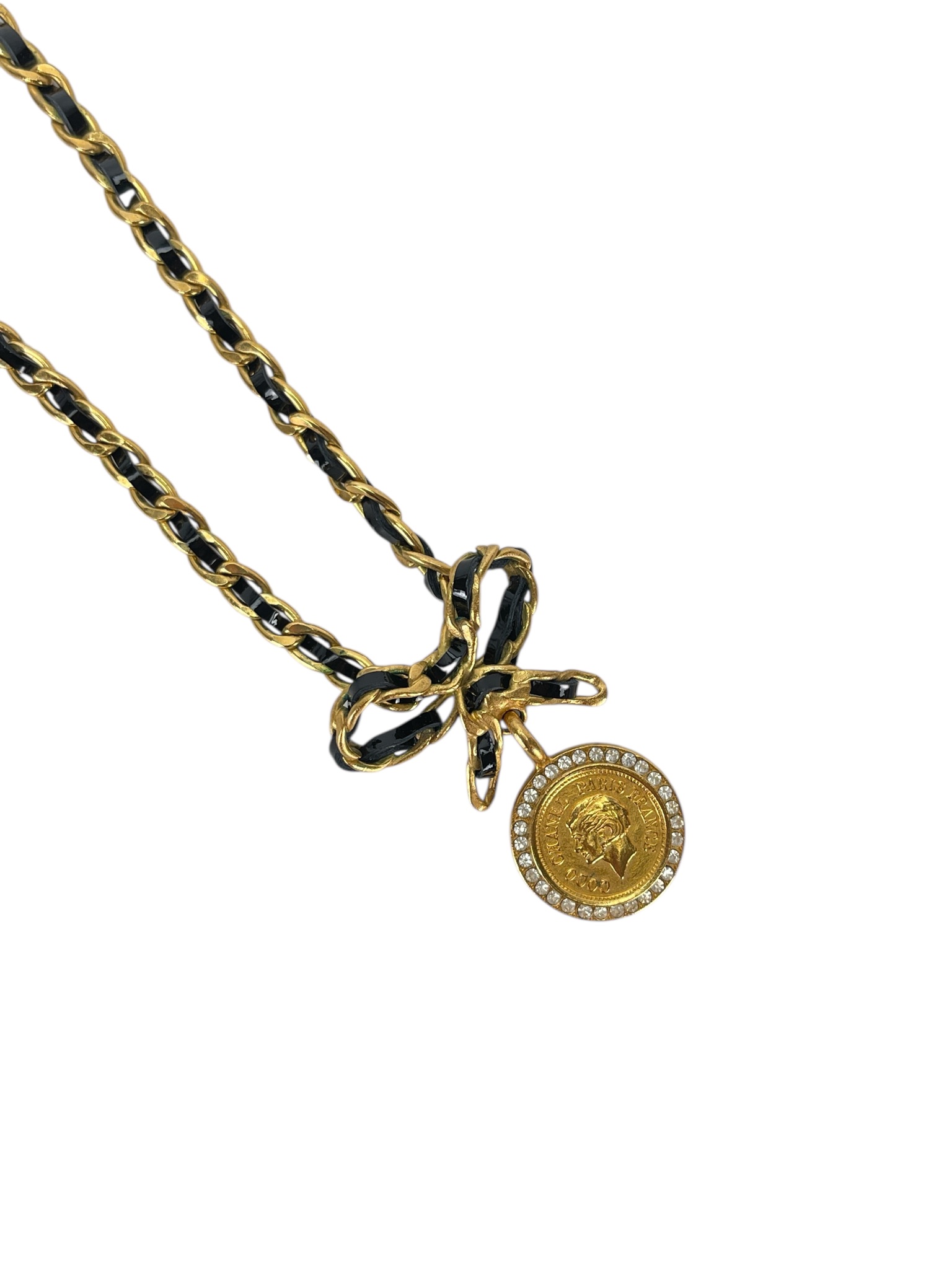 CHANEL - 96P Mrs Coco Gold Coin Ribbon Chain Necklace