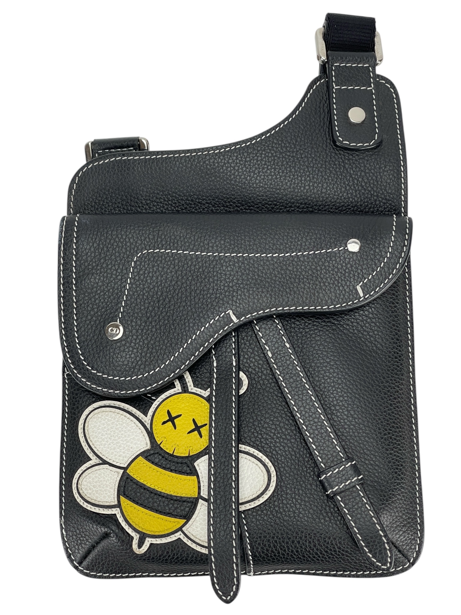 CHRISTIAN DIOR - Calfskin Bee Black Saddle Shoulder Bag 