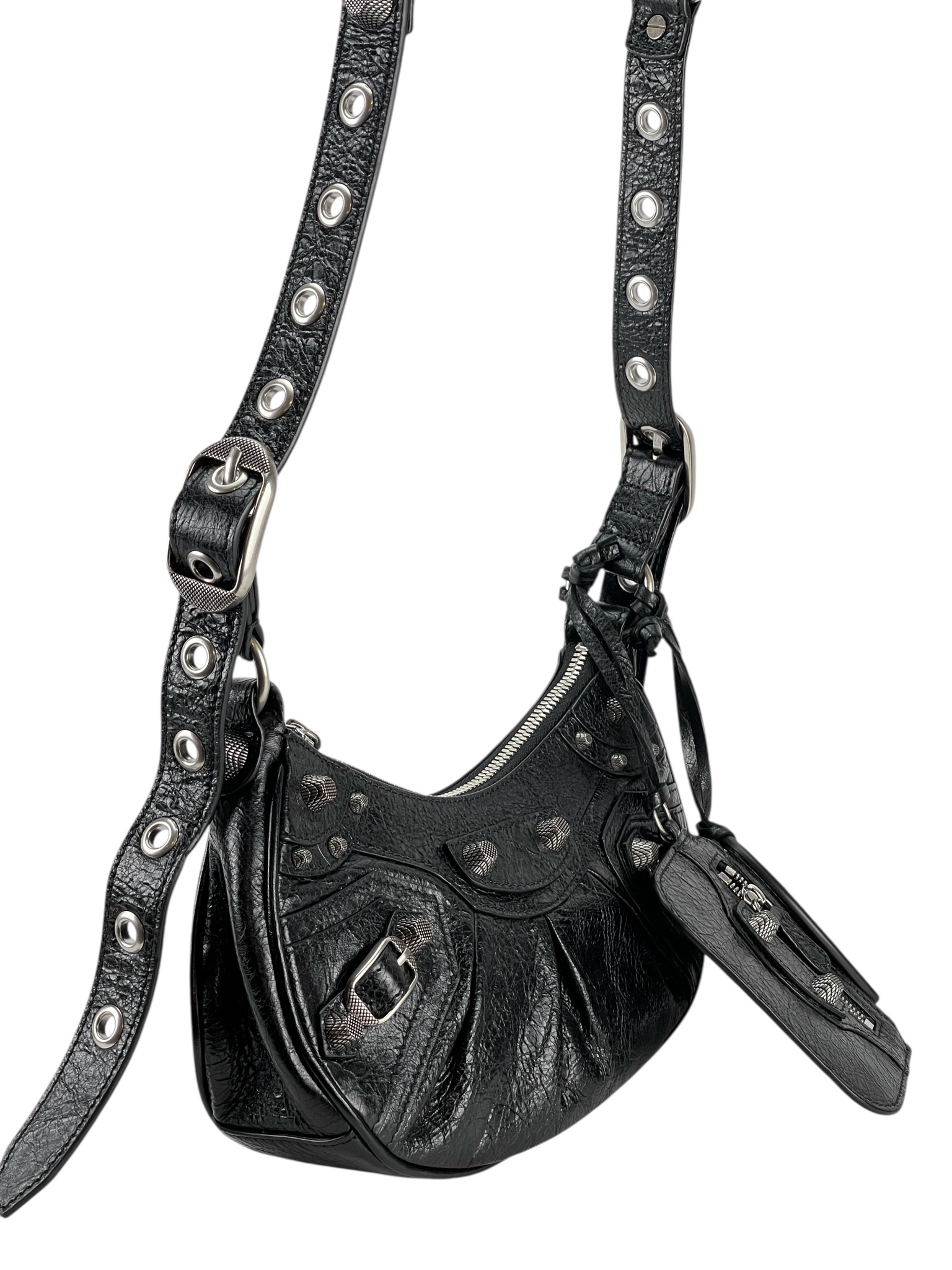 BALENCIAGA - Black Le Cagole Xs Cracked Leather Shoulder bag