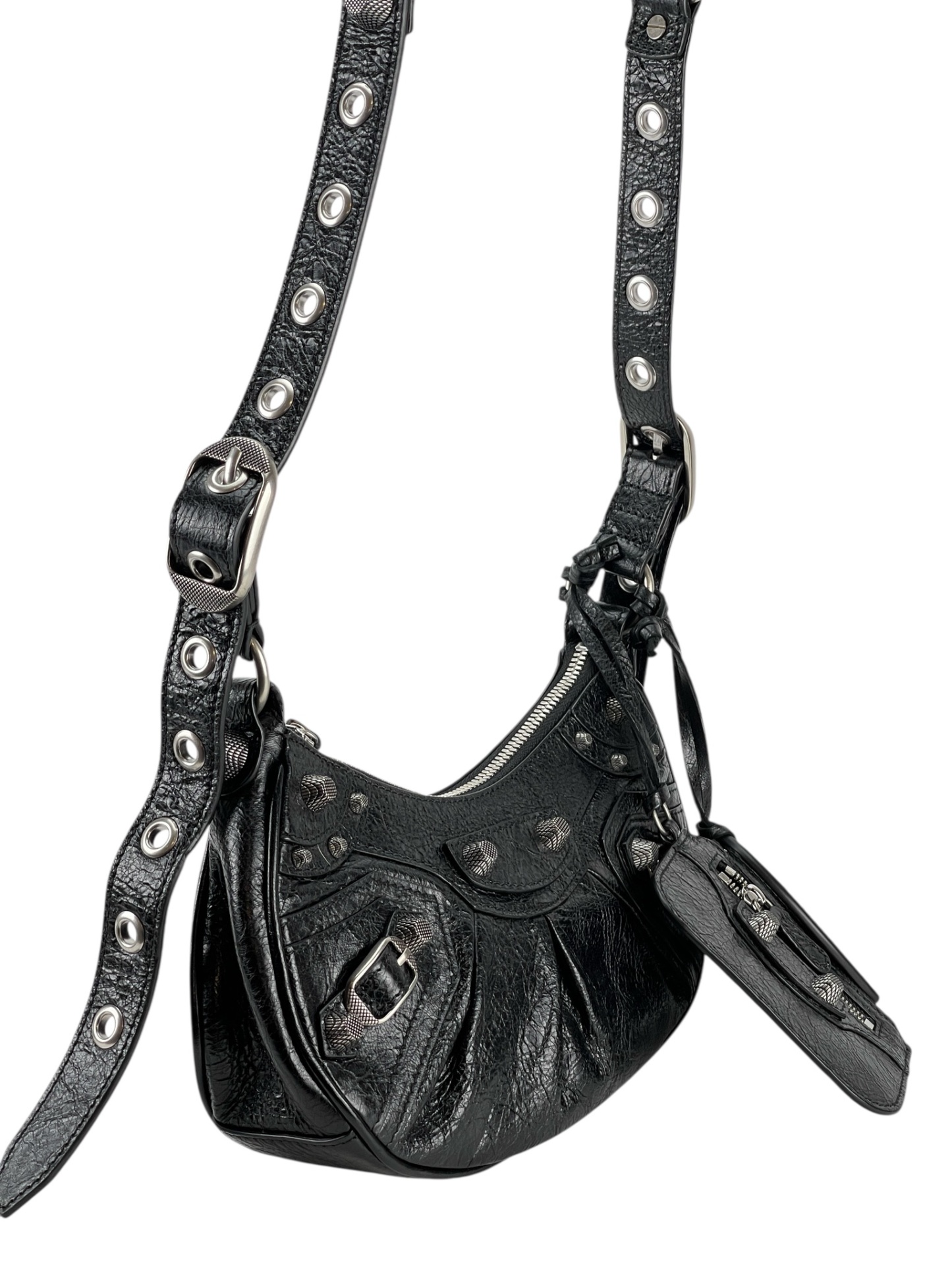 BALENCIAGA - Black Le Cagole Xs Cracked Leather Shoulder bag