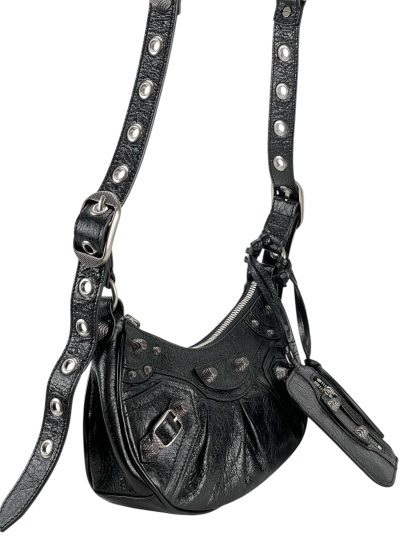 BALENCIAGA - Black Le Cagole Xs Cracked Leather Shoulder bag