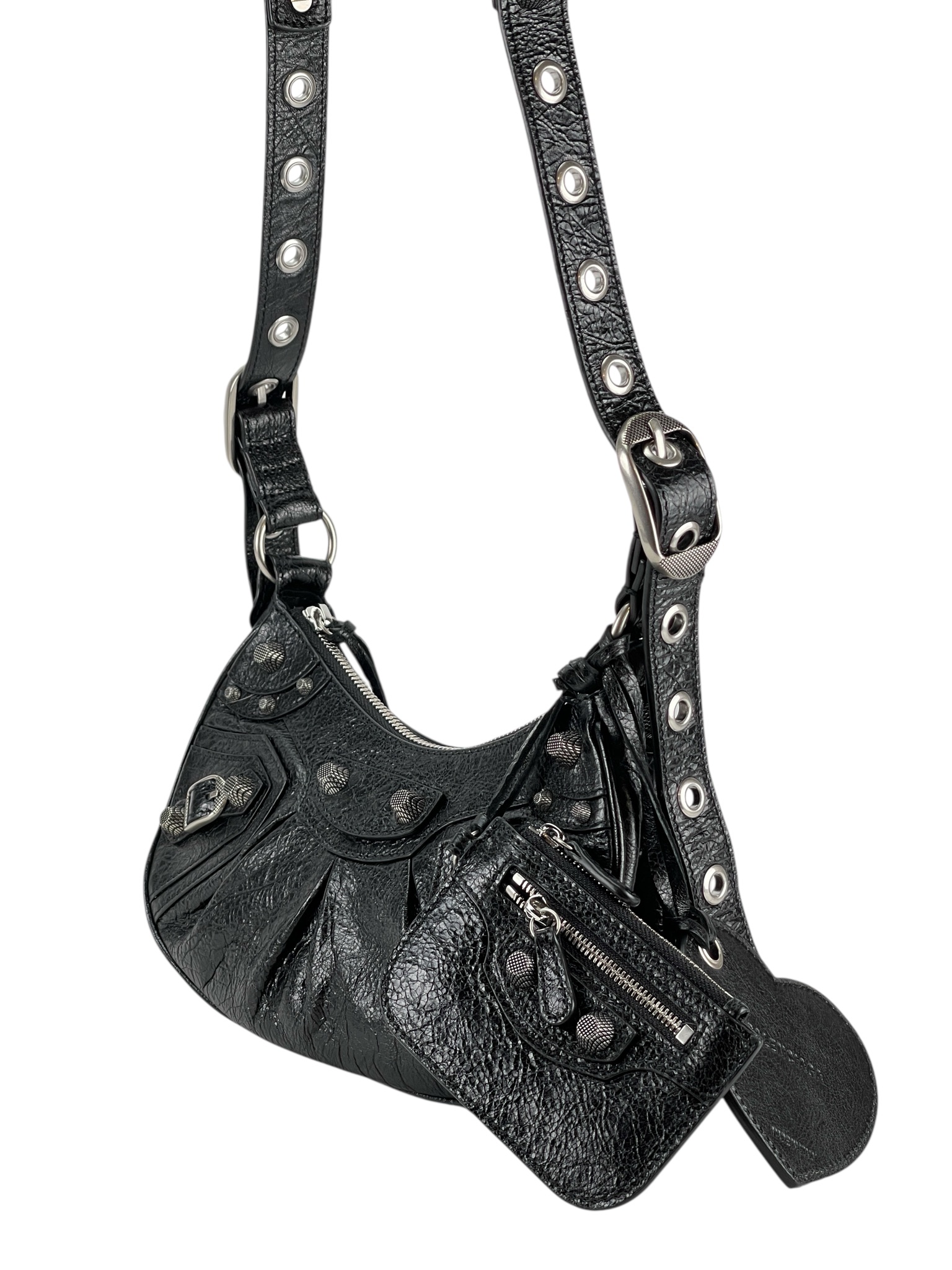 BALENCIAGA - Black Le Cagole Xs Cracked Leather Shoulder bag