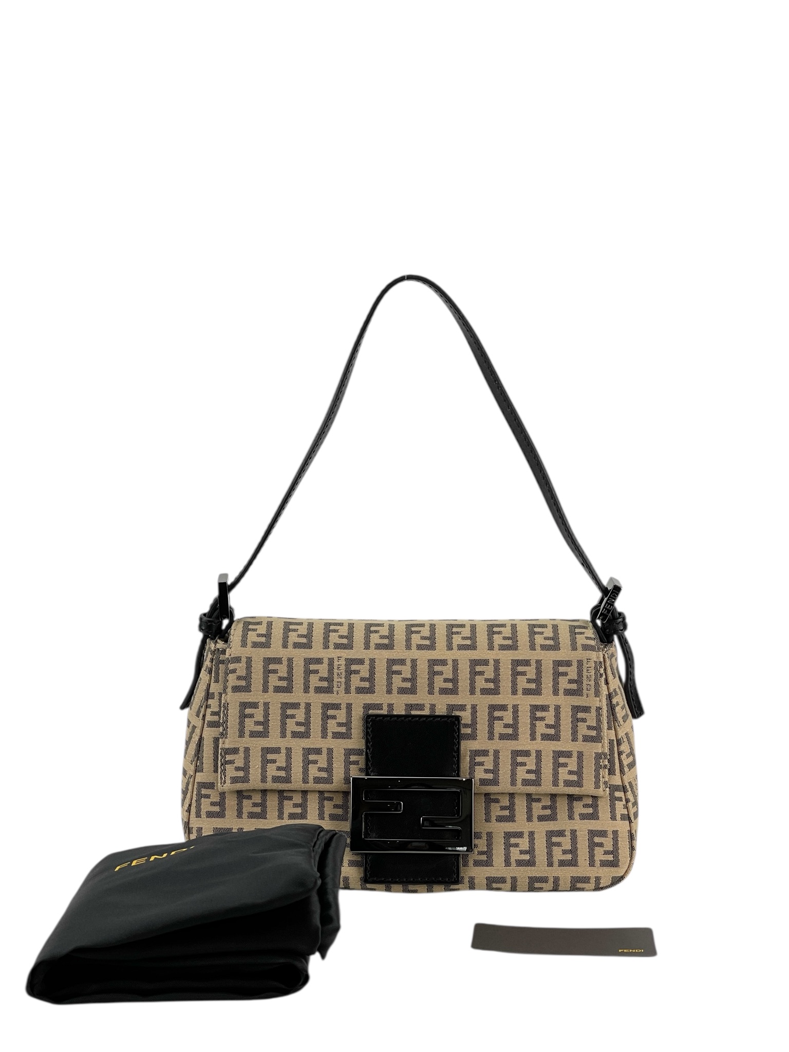 FENDI - Beige Zucca Canvas Leather Shoulder Bag 
