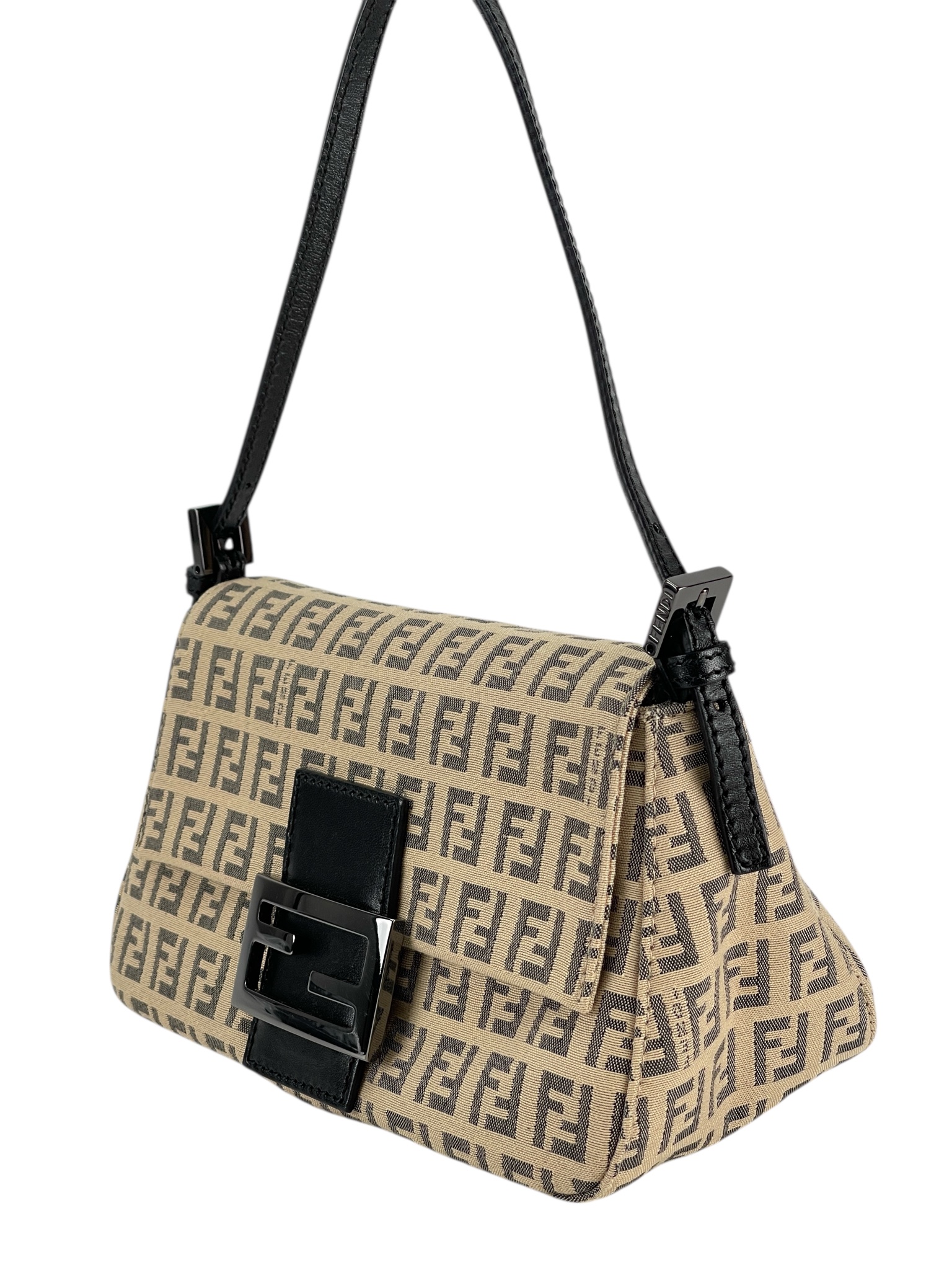 FENDI - Beige Zucca Canvas Leather Shoulder Bag 