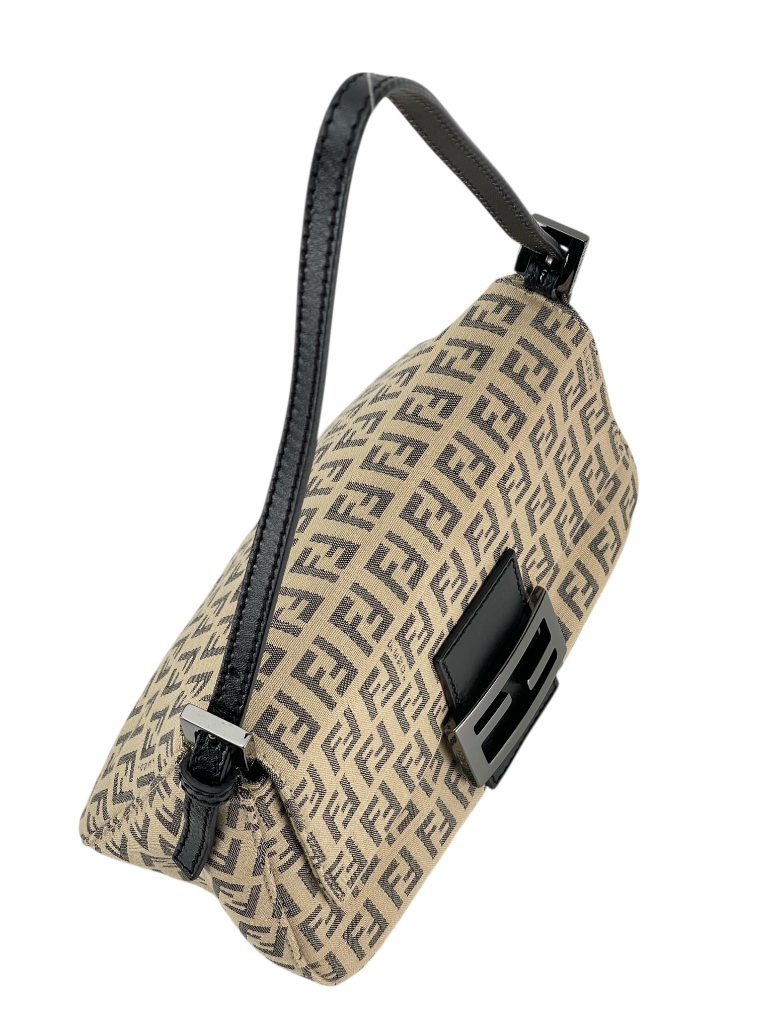 FENDI - Beige Zucca Canvas Leather Shoulder Bag 