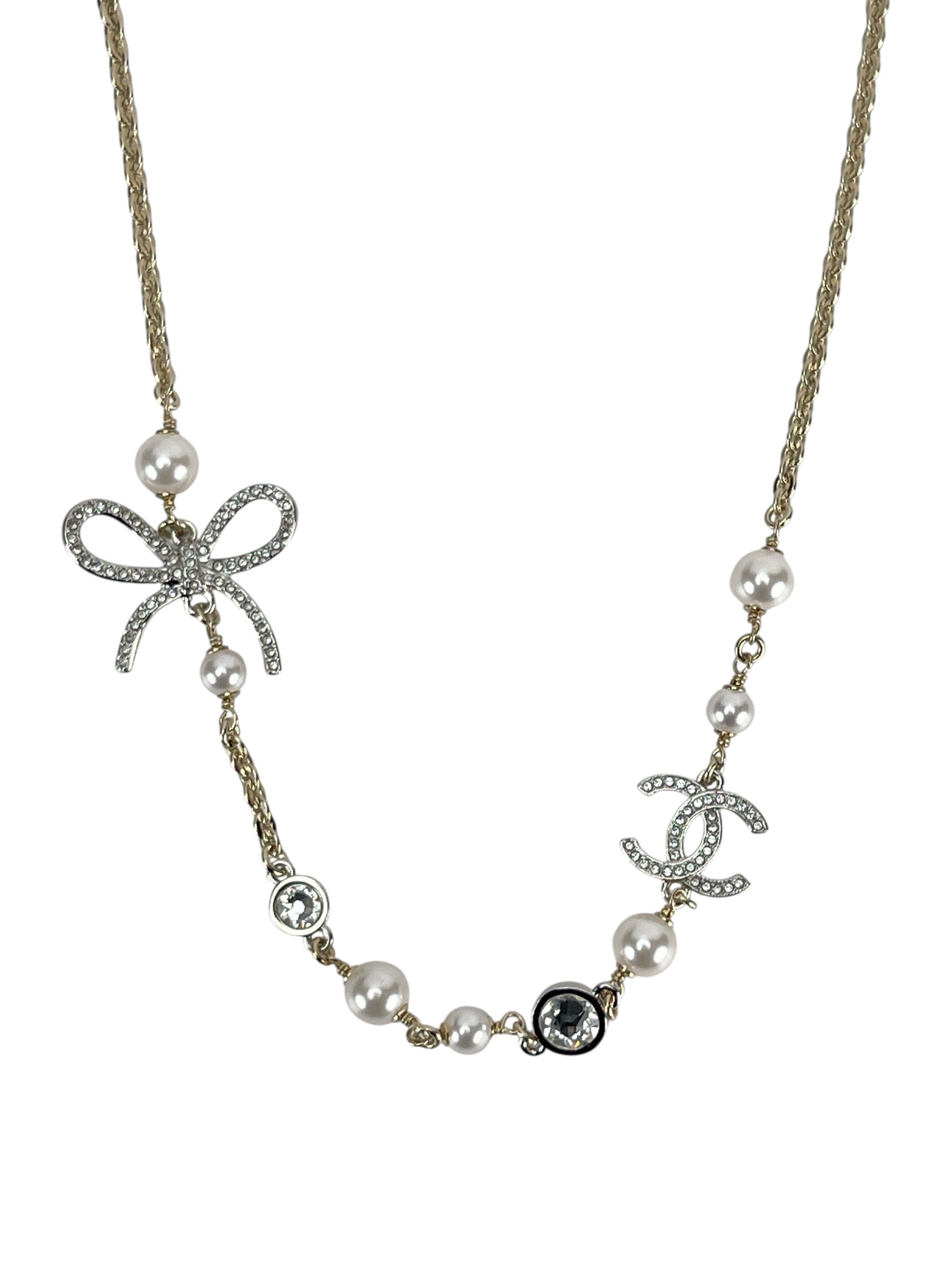 CHANEL - 25K Gold CC Bow Pearl Rhinestone Necklace