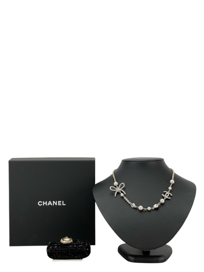 CHANEL - 25K Gold CC Bow Pearl Rhinestone Necklace