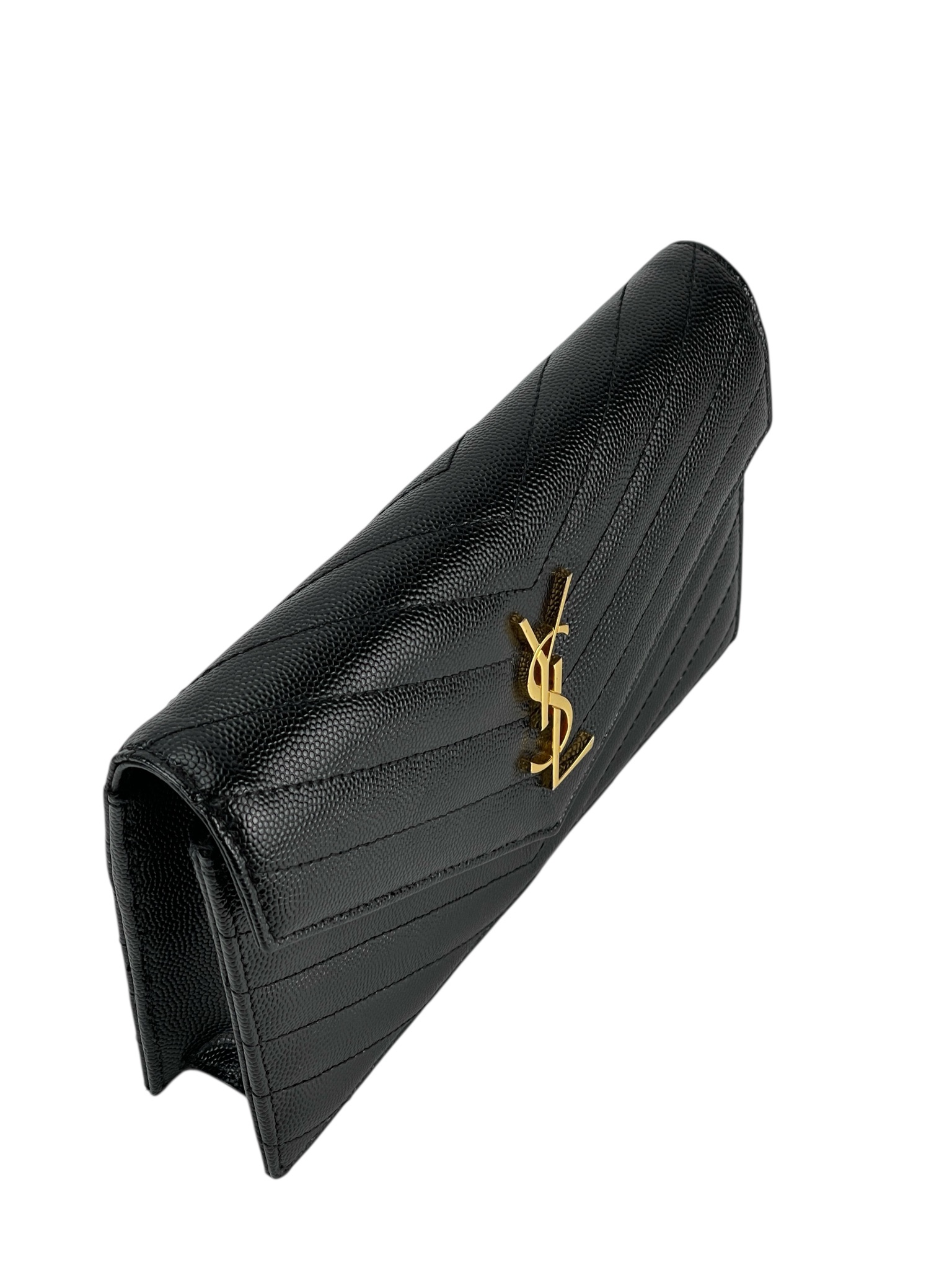SAINT LAURENT - Grain De Poudre Matelasse Chevron Monogram Envelope Chain Wallet Black