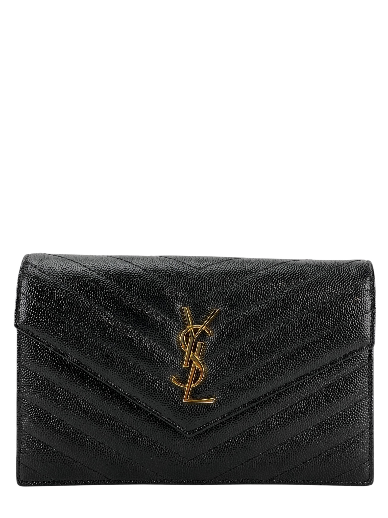 SAINT LAURENT - Grain De Poudre Matelasse Chevron Monogram Envelope Chain Wallet Black
