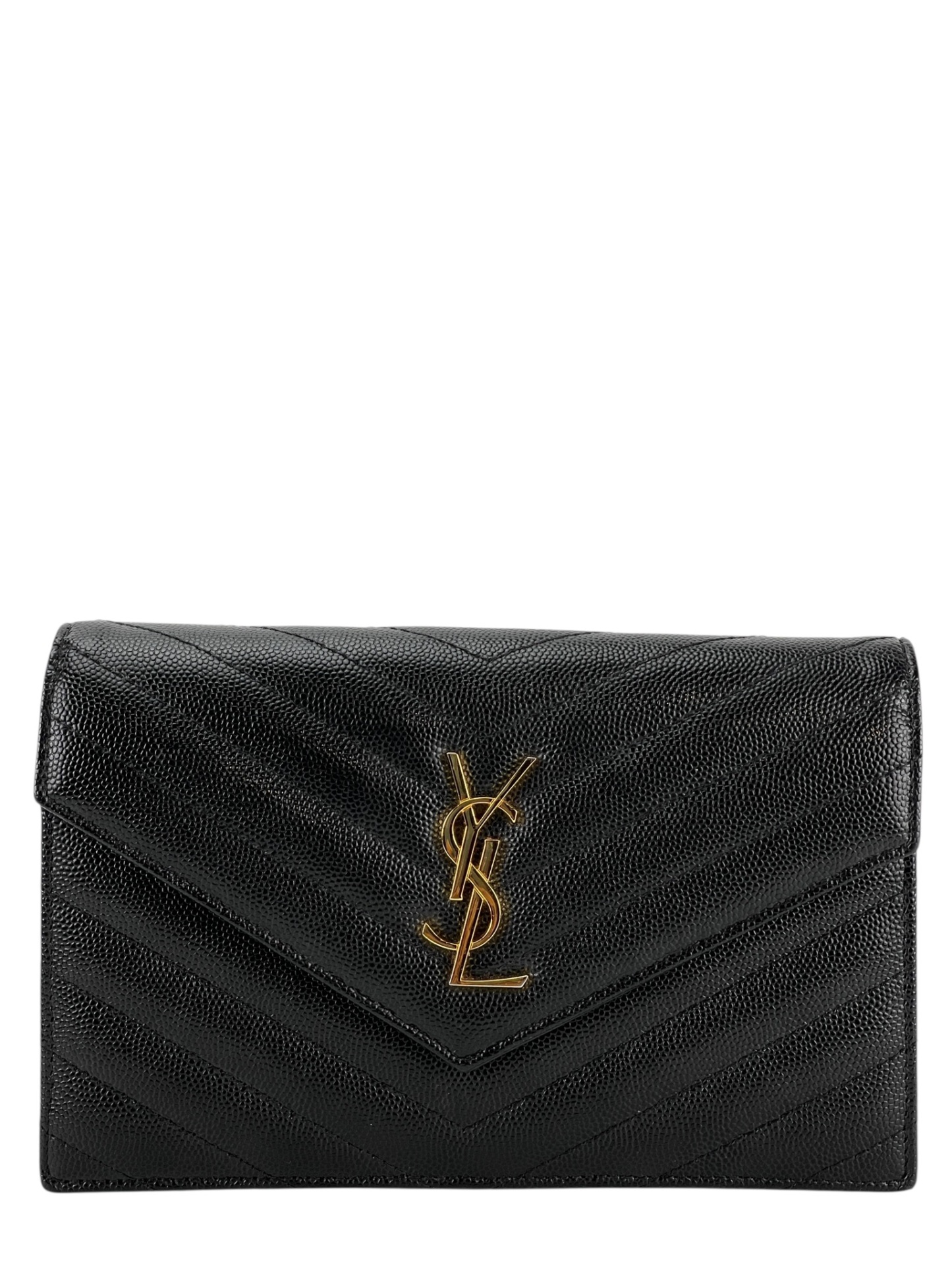 SAINT LAURENT - Grain De Poudre Matelasse Chevron Monogram Envelope Chain Wallet Black