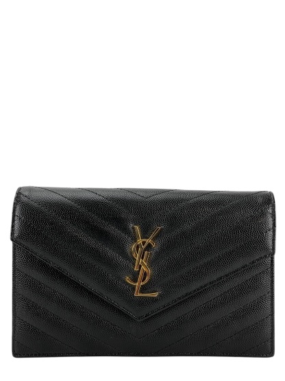 SAINT LAURENT - Grain De Poudre Matelasse Chevron Monogram Envelope Chain Wallet Black