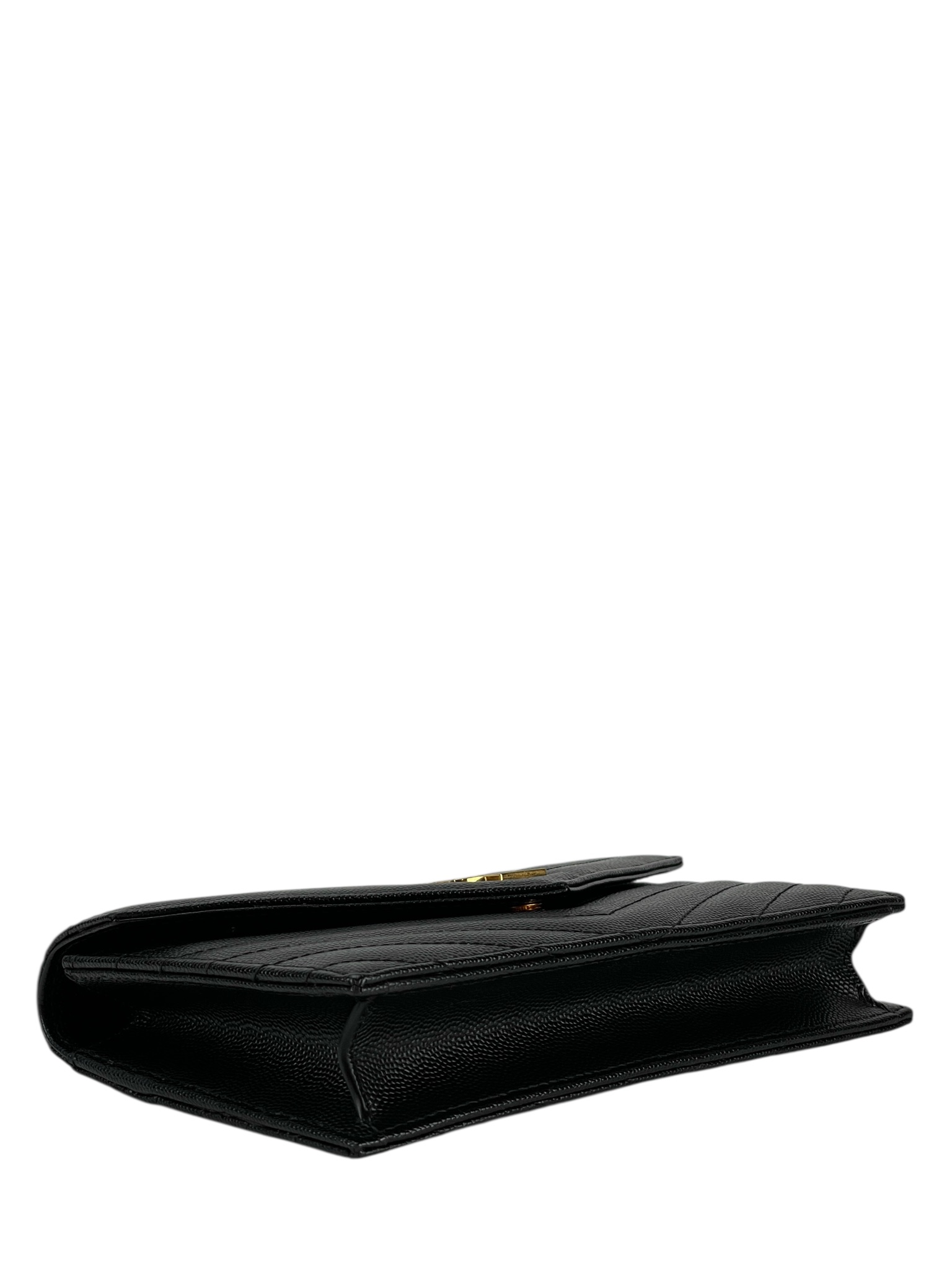 SAINT LAURENT - Grain De Poudre Matelasse Chevron Monogram Envelope Chain Wallet Black