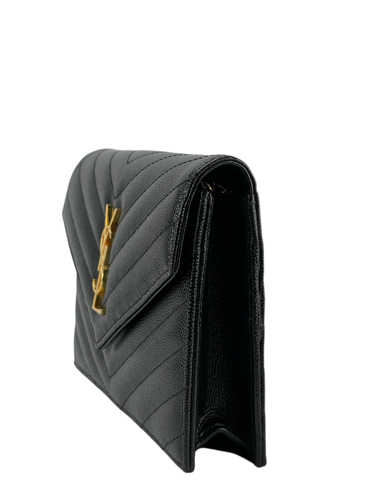 SAINT LAURENT - Grain De Poudre Matelasse Chevron Monogram Envelope Chain Wallet Black