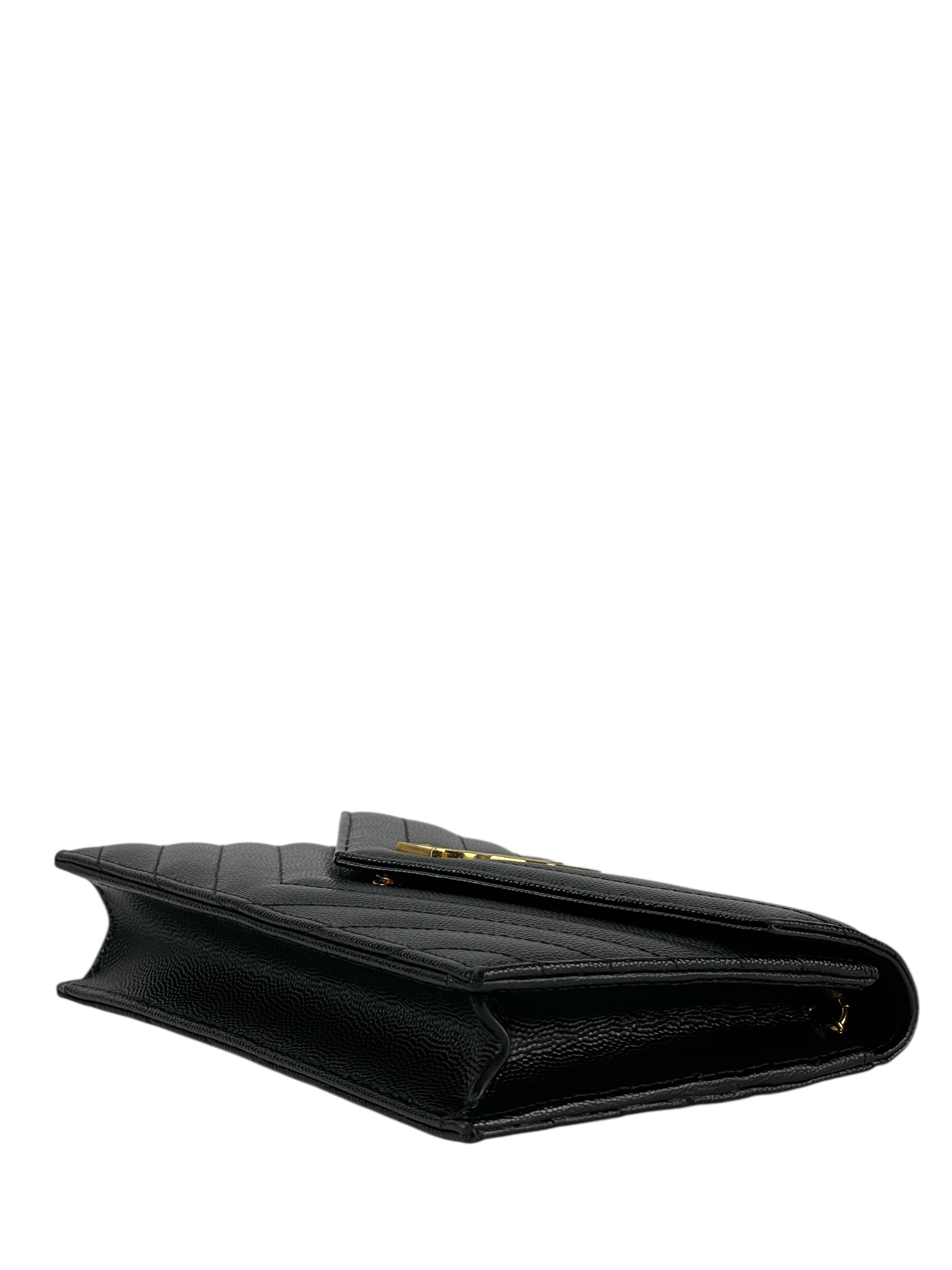 SAINT LAURENT - Grain De Poudre Matelasse Chevron Monogram Envelope Chain Wallet Black