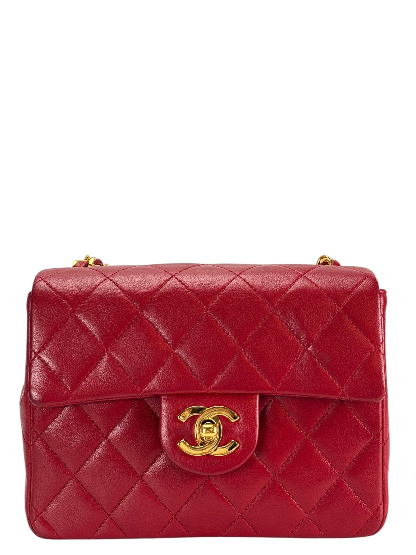 CHANEL - Red Lambskin Mini Classic Square Flap Shoulder Bag 17