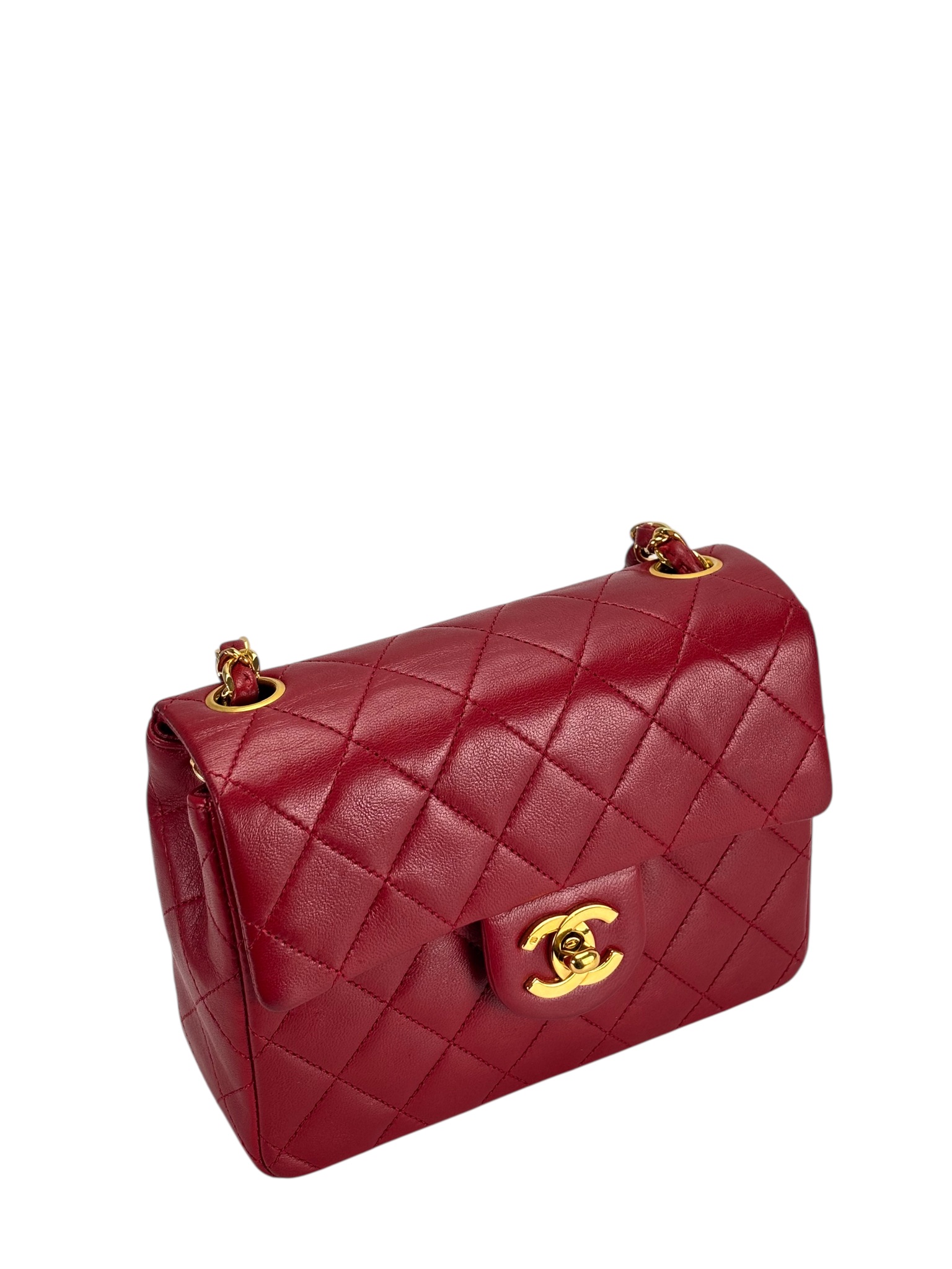 CHANEL - Red Lambskin Mini Classic Square Flap Shoulder Bag 17