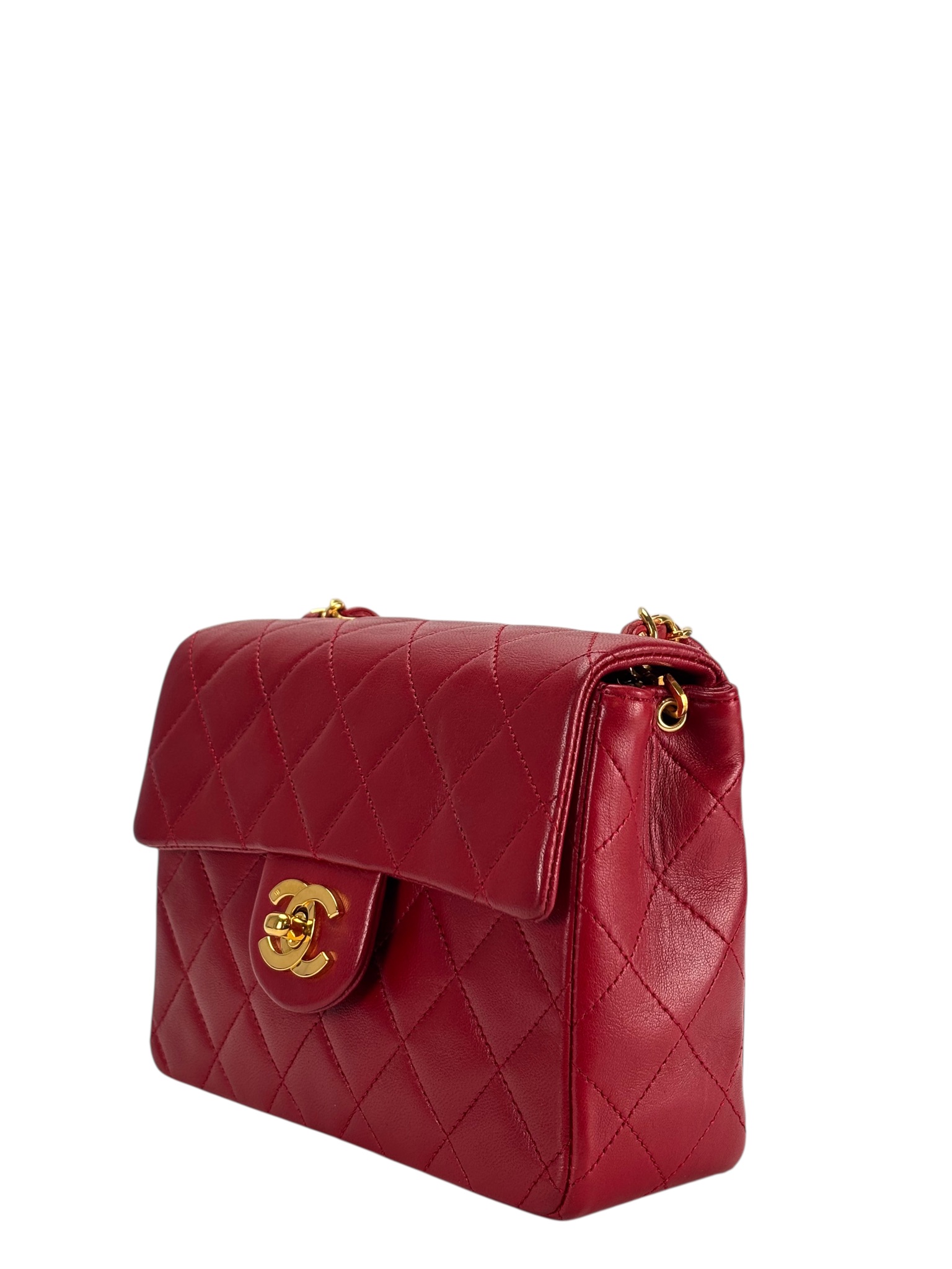 CHANEL - Red Lambskin Mini Classic Square Flap Shoulder Bag 17